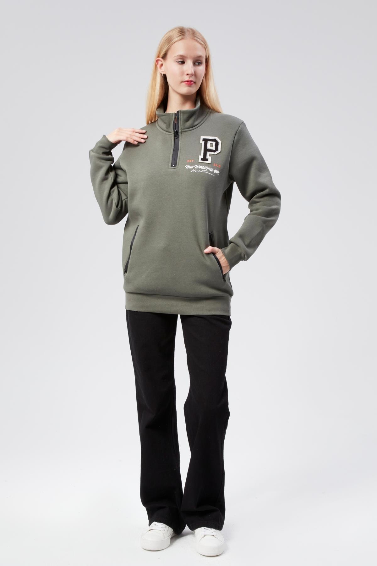 Dik Yaka Kadın Haki Slim Fit Sweatshirt 24FWW64075