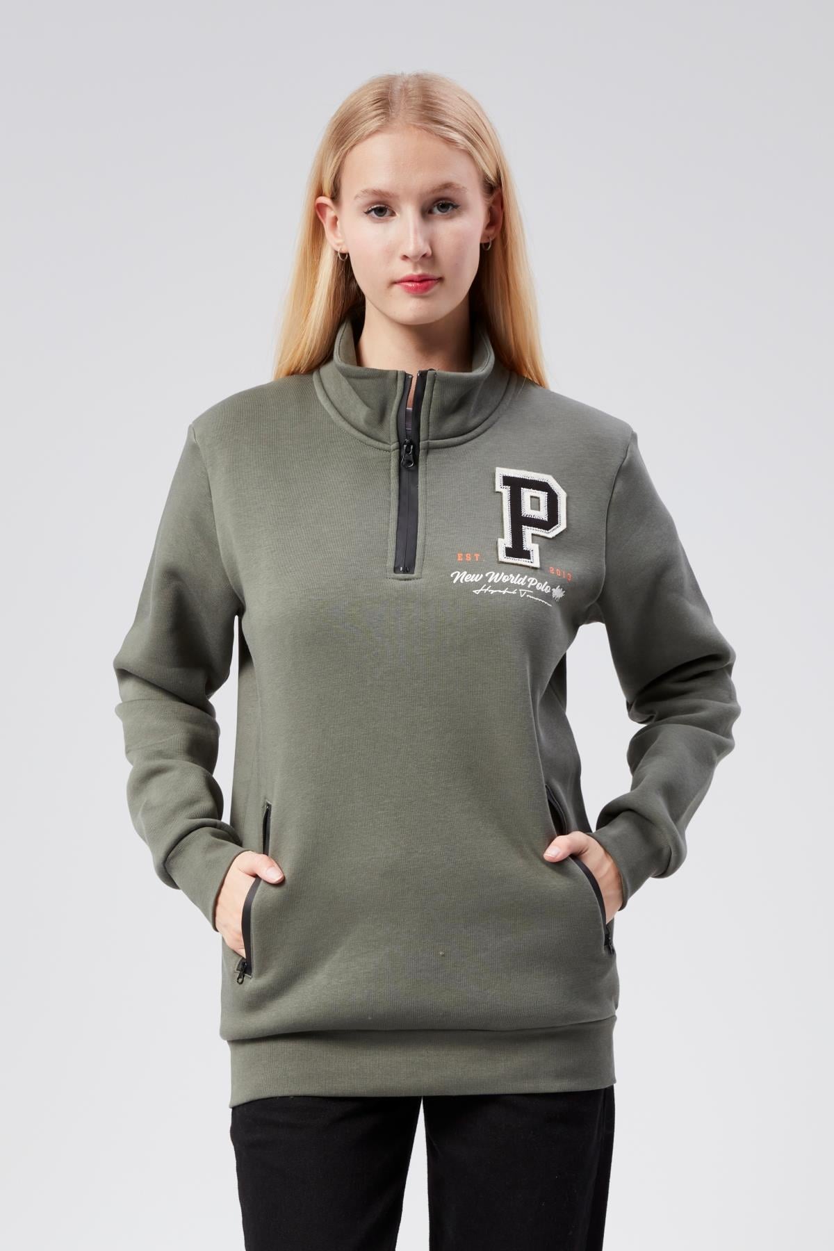 Dik Yaka Kadın Haki Slim Fit Sweatshirt 24FWW64075