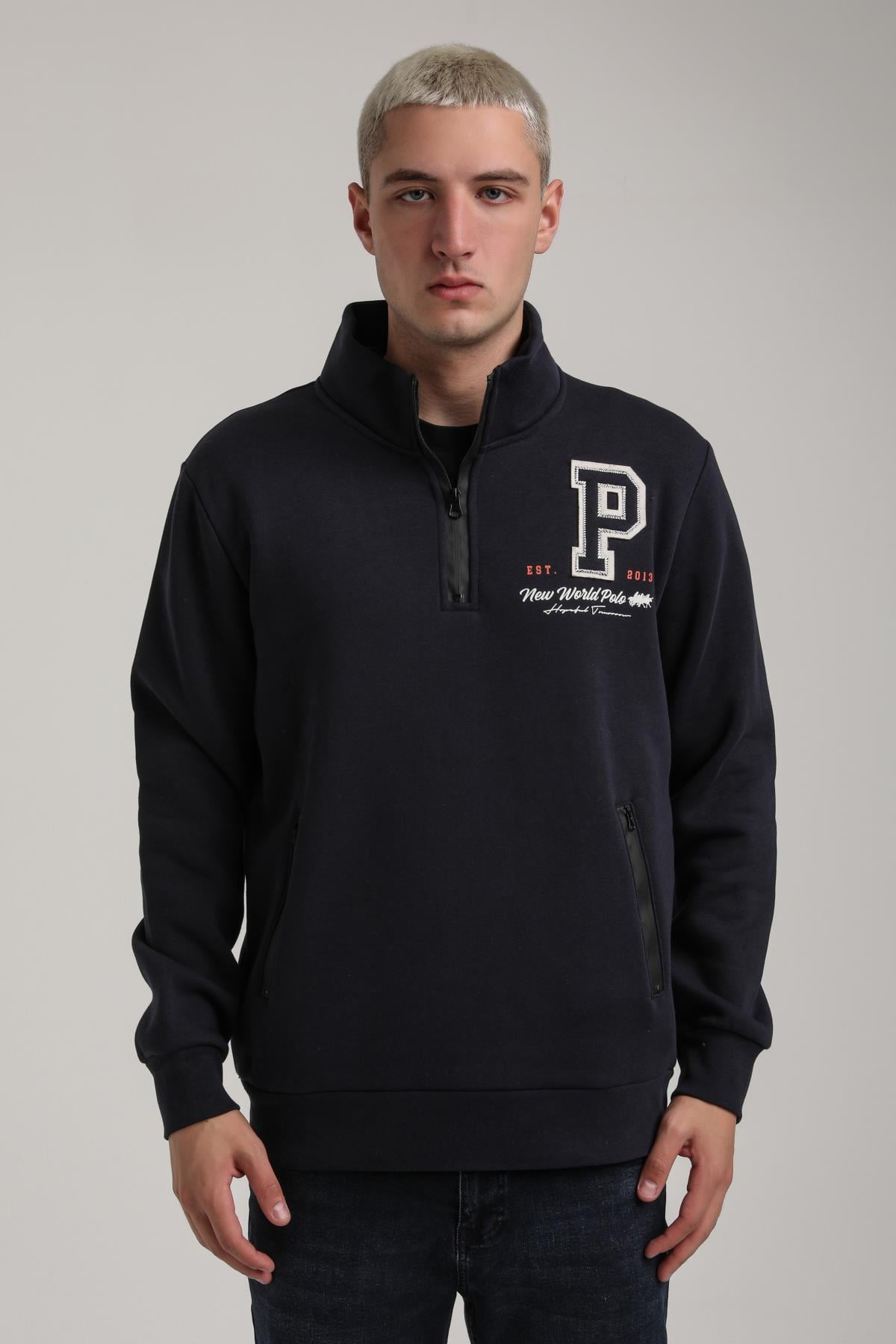 Dik Yaka Lacivert Slim Fit Full-Zip Sweatshirt 24FWM64075