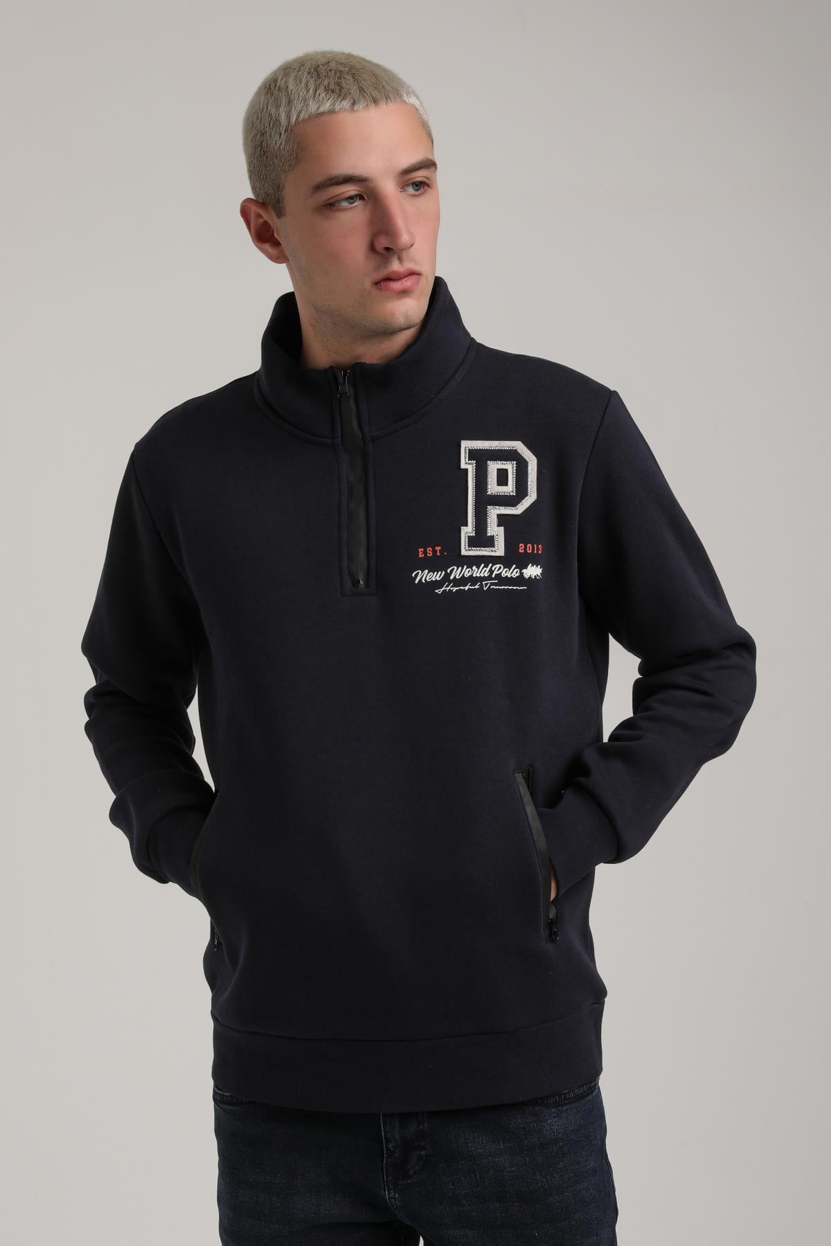 Dik Yaka Lacivert Slim Fit Full-Zip Sweatshirt 24FWM64075