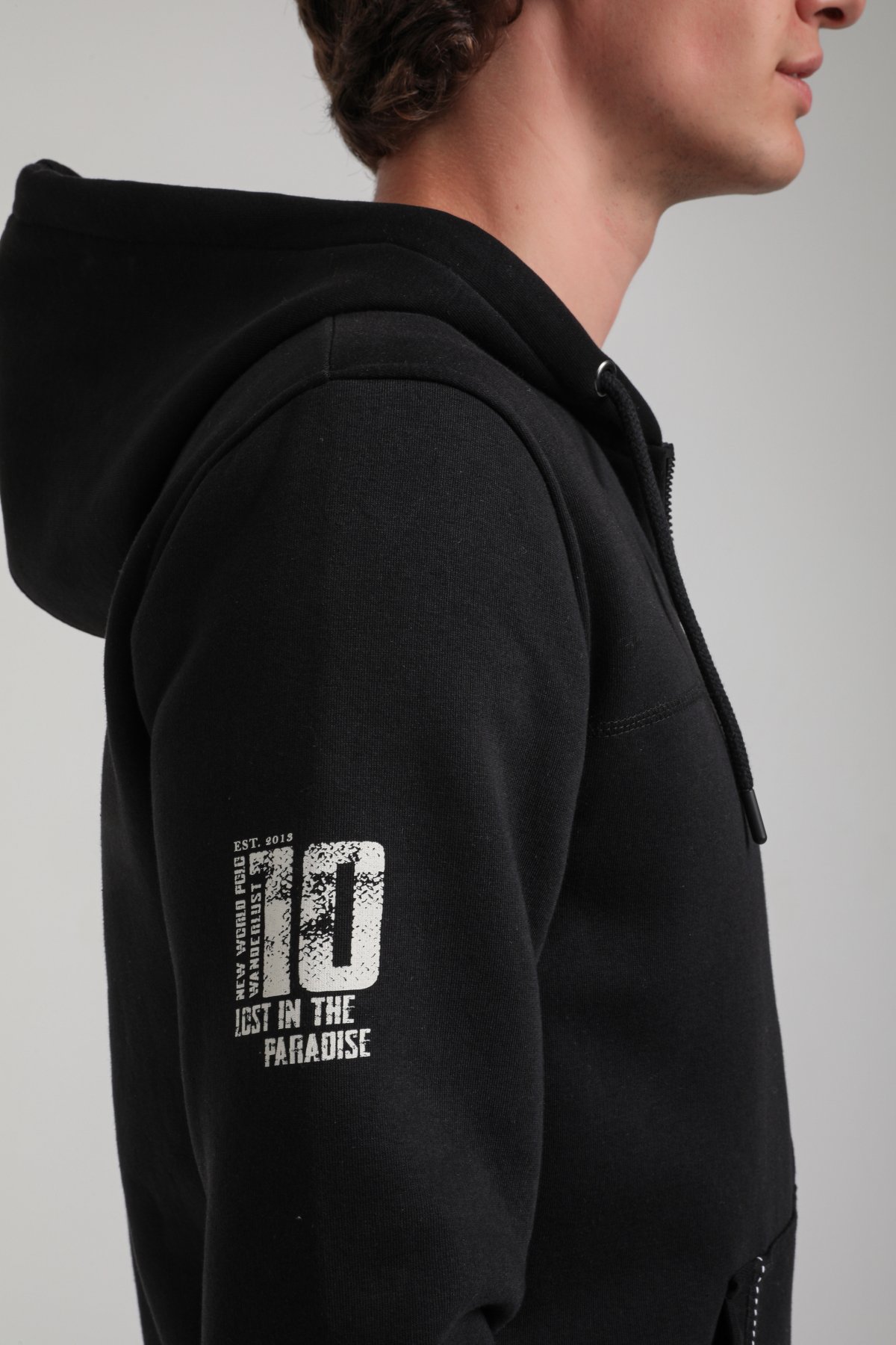 Kapşonlu Ve Fermuarlı Siyah Regular Custom Full-Zip Sweatshirt 23FWM64066