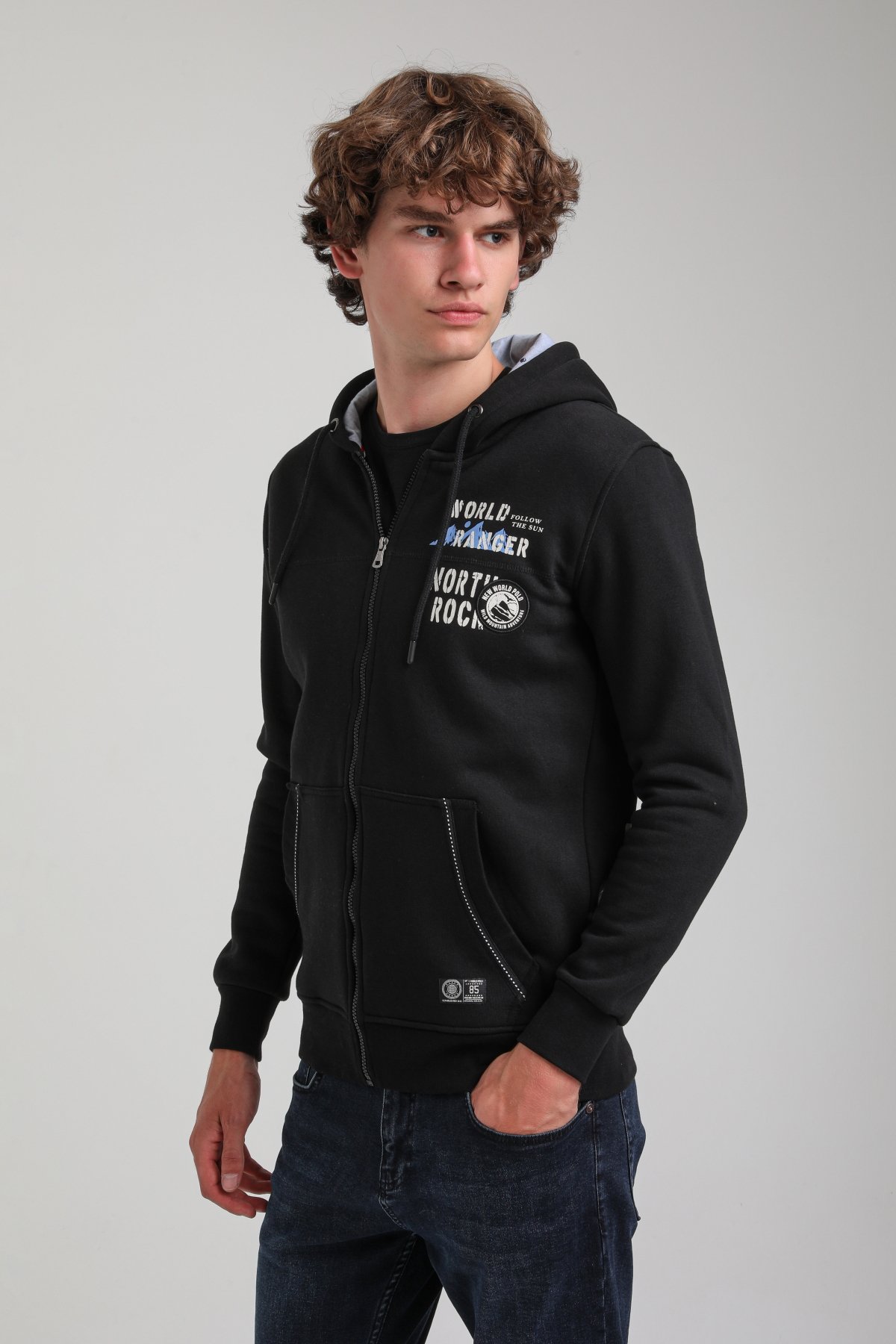 Kapşonlu Ve Fermuarlı Siyah Regular Custom Full-Zip Sweatshirt 23FWM64066