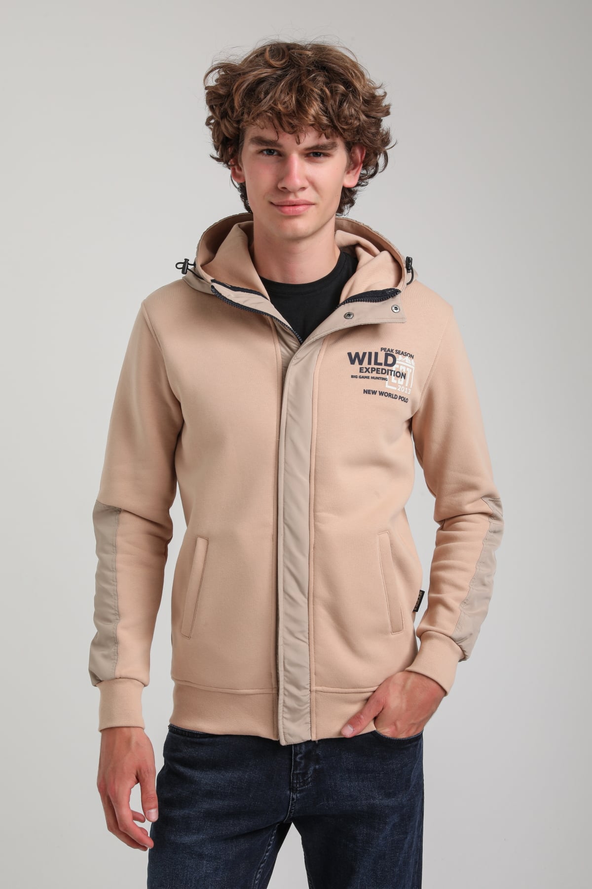 Kapüşonlu Bej Slim Fit Full-Zip Sweatshirt 23FWM64067