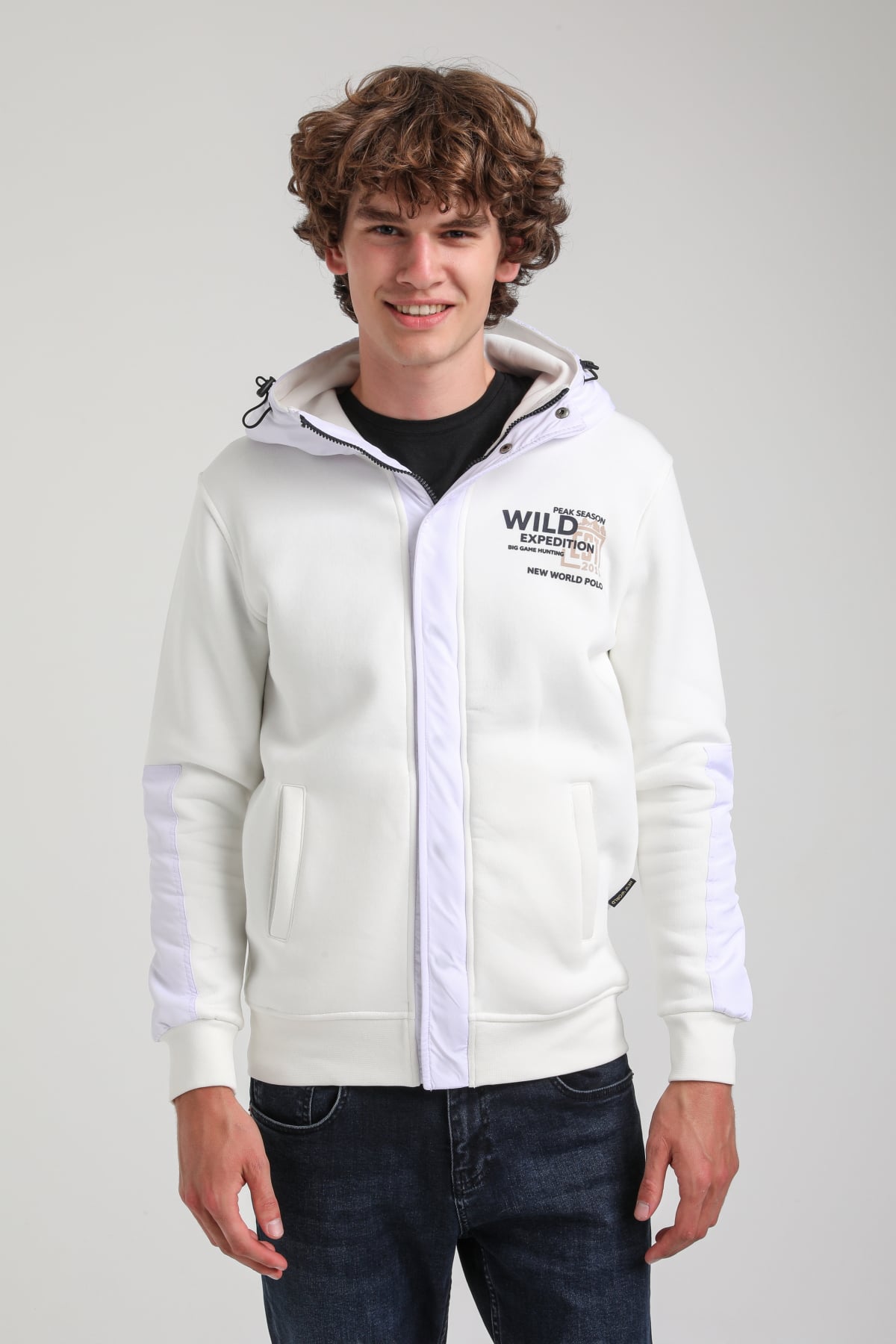 Kapüşonlu Ekru Slim Fit Full-Zip Sweatshirt 23FWM64067