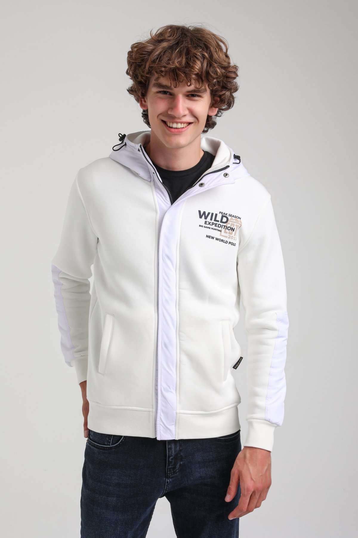 Kapüşonlu Ekru Slim Fit Full-Zip Sweatshirt 23FWM64067