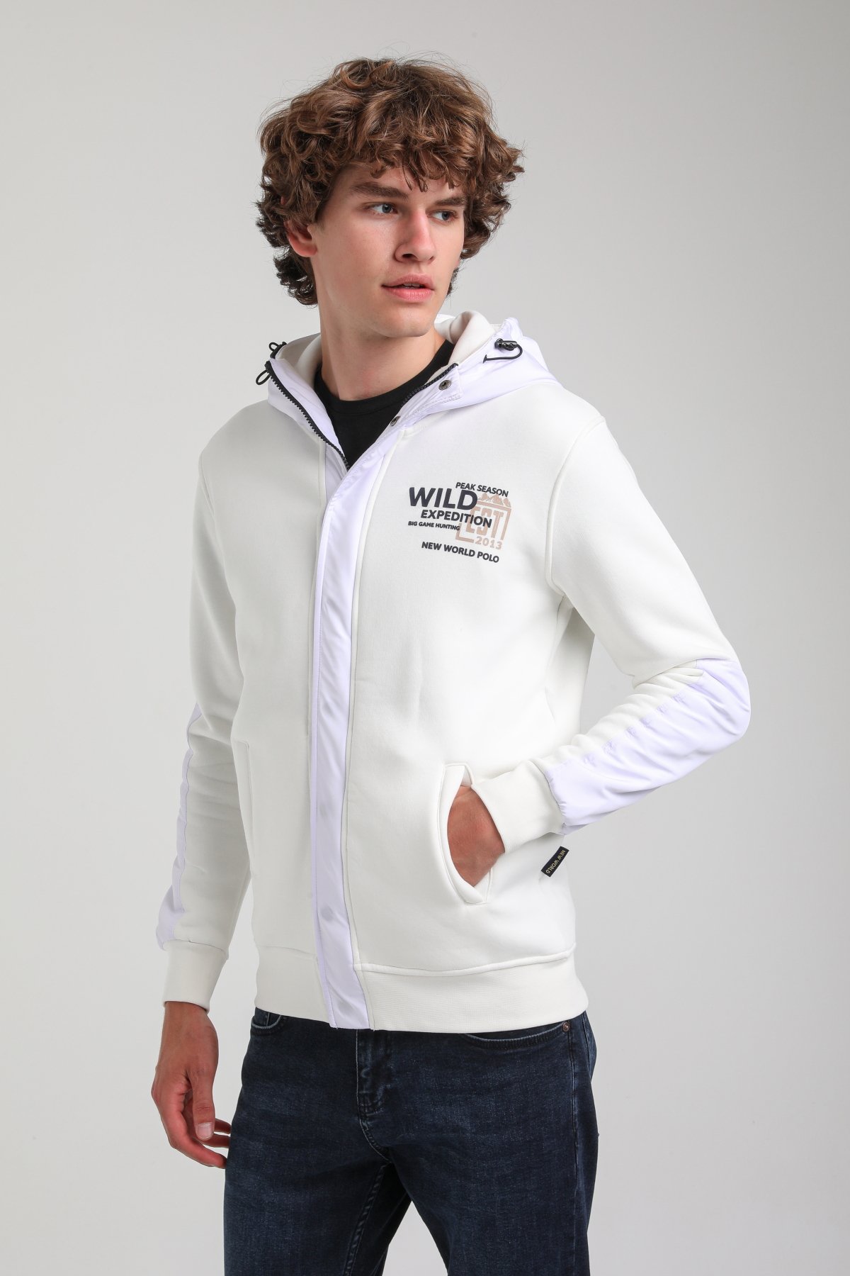Kapüşonlu Ekru Slim Fit Full-Zip Sweatshirt 23FWM64067