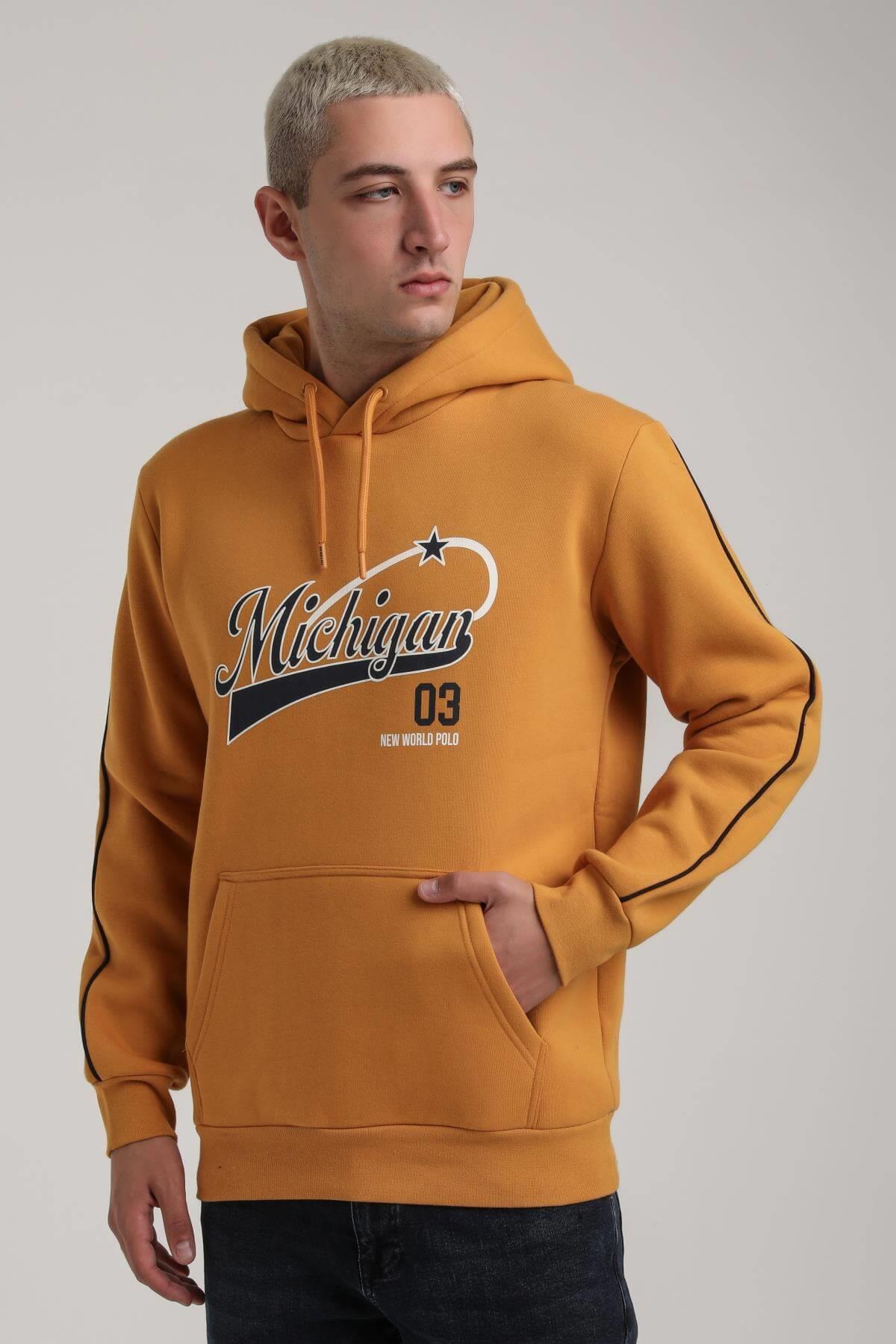 Kapüşonlu Hardal Slim Fit Full-Zip Sweatshirt 24FWM64079