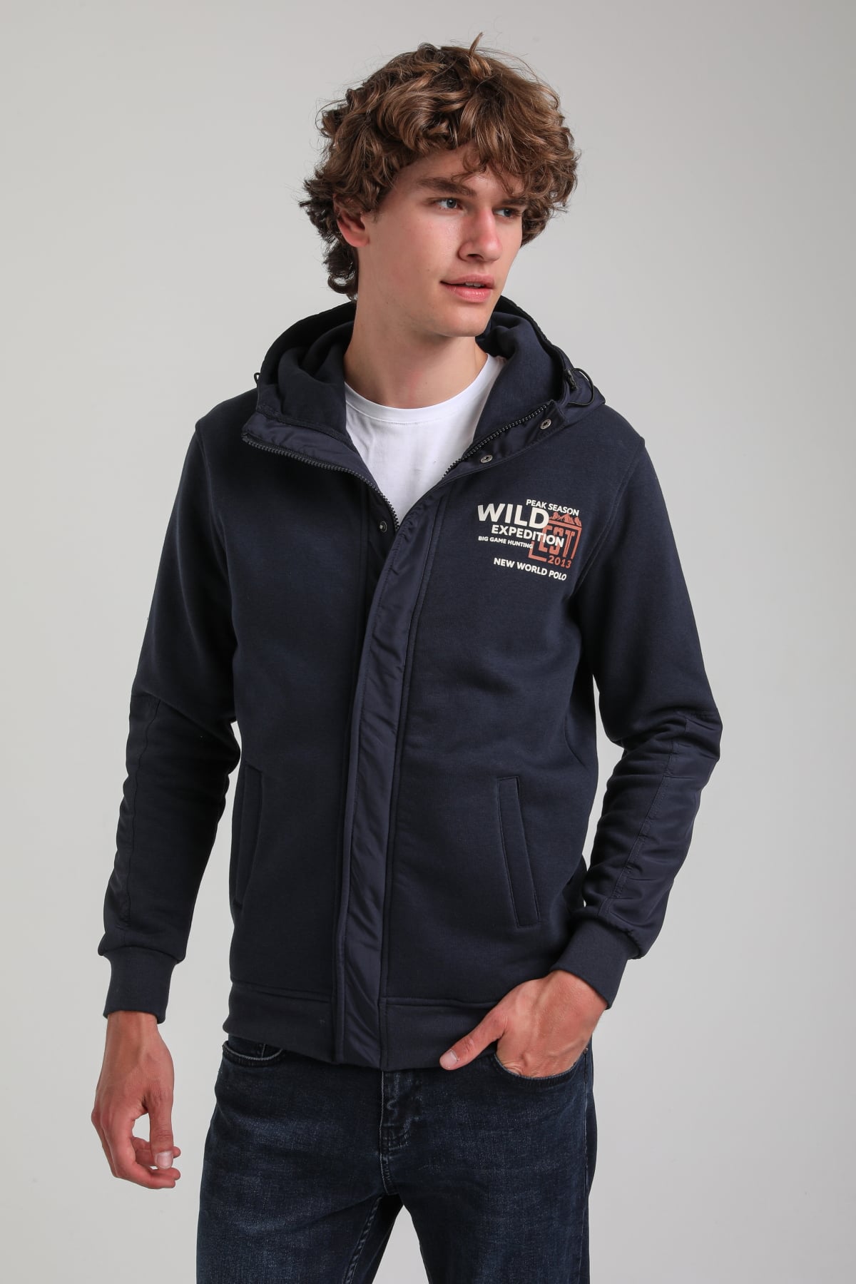 Kapüşonlu Lacivert Slim Fit Full-Zip Sweatshirt 23FWM64067
