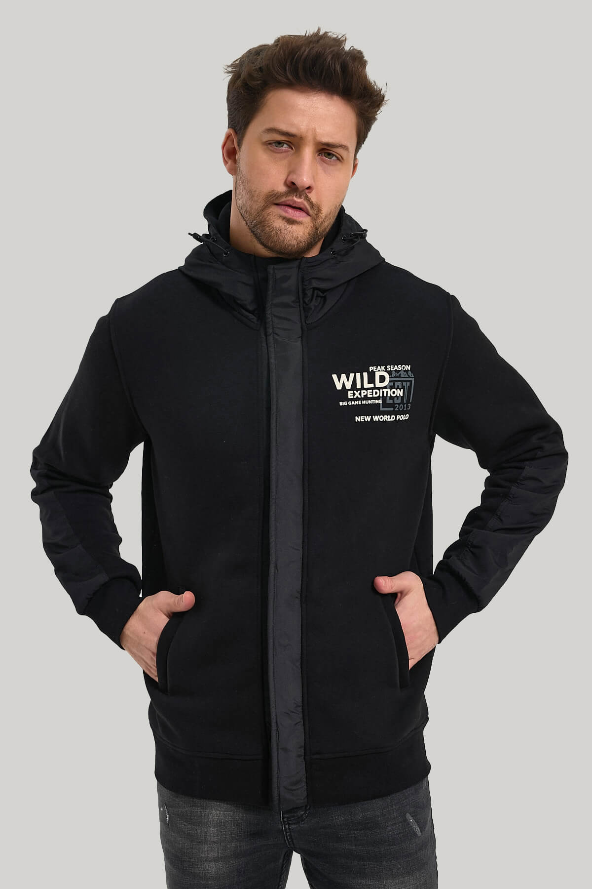 Kapüşonlu Siyah Slim Fit Full-Zip Sweatshirt 23FWM64067