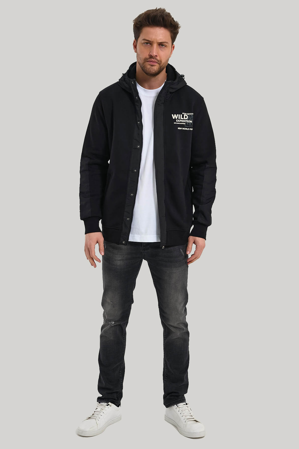 Kapüşonlu Siyah Slim Fit Full-Zip Sweatshirt 23FWM64067