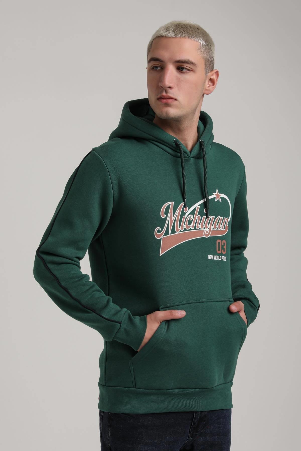 Kapüşonlu Yeşil Slim Fit Full-Zip Sweatshirt 24FWM64079