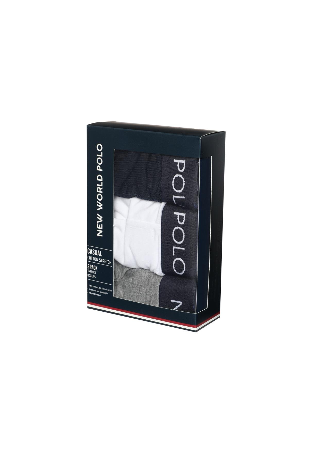 New World Polo Basic 3'lü Boxer Lacivert-Beyaz-Gri Slim Fit Boxer Set 23SSM1001