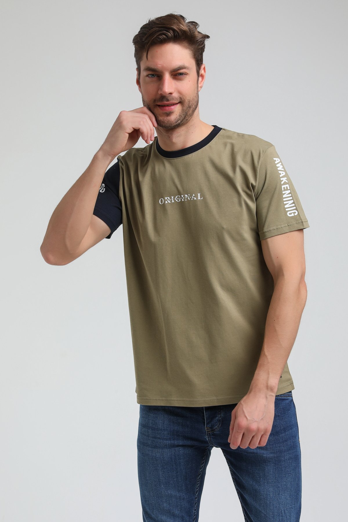 New World Polo Bisiklet Yaka Açık Haki Slim Fit Tişört 23SSM20317