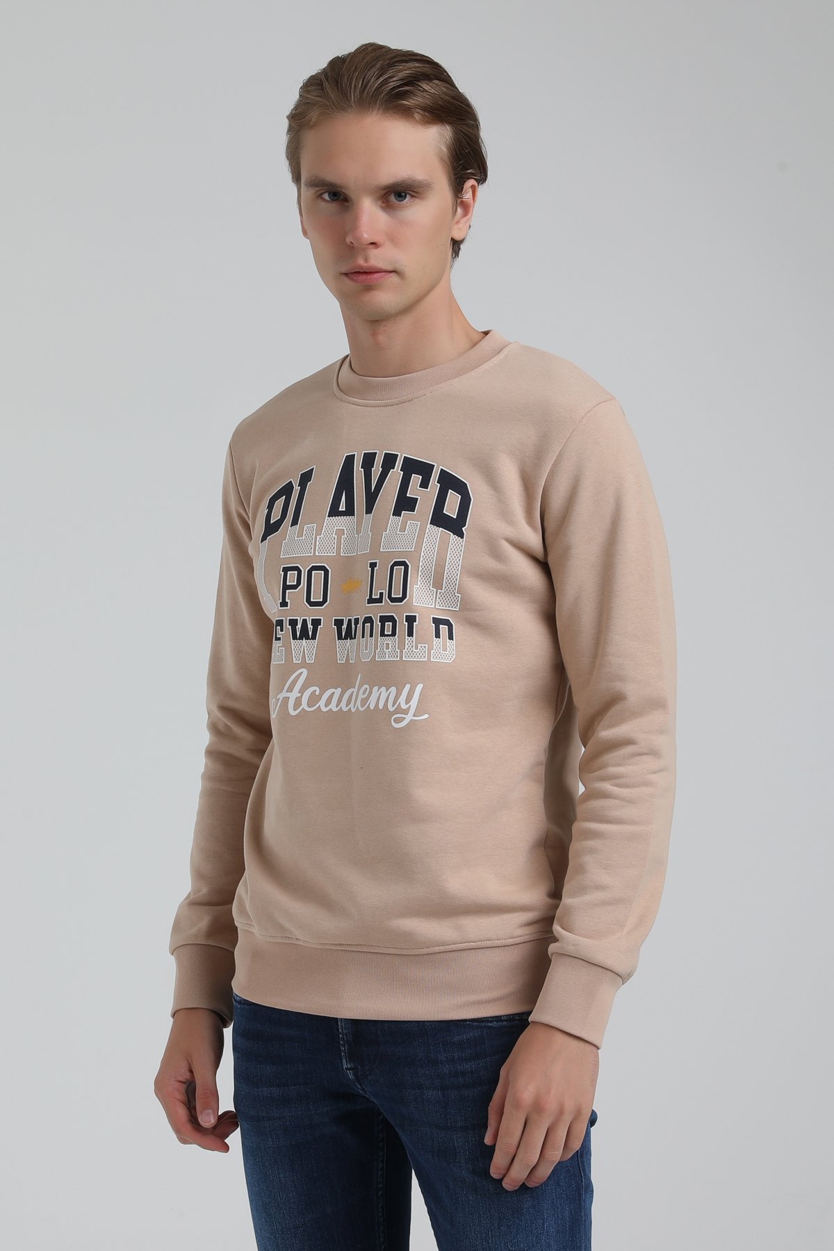 New World Polo Bisiklet Yaka Bej Regular Sweatshirt 22FWM60137