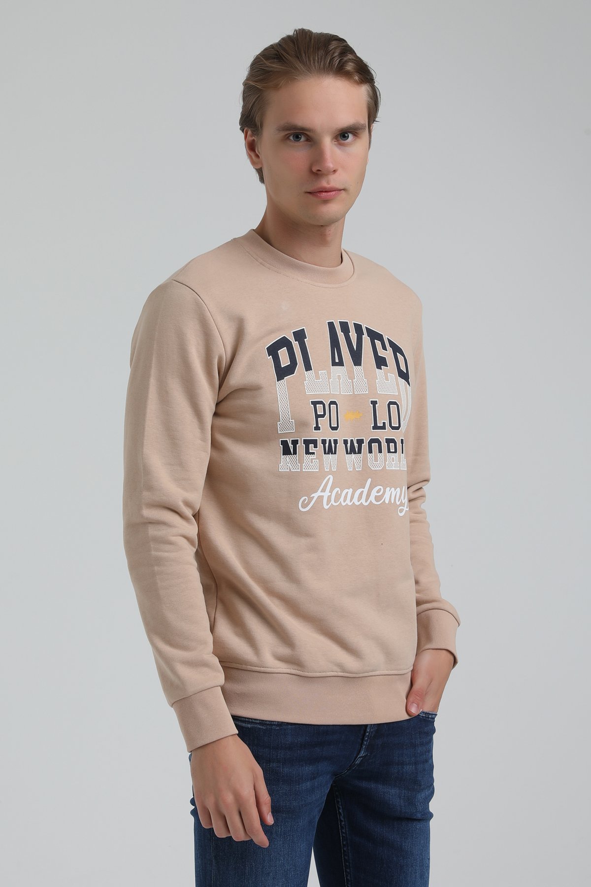 New World Polo Bisiklet Yaka Bej Regular Sweatshirt 22FWM60137