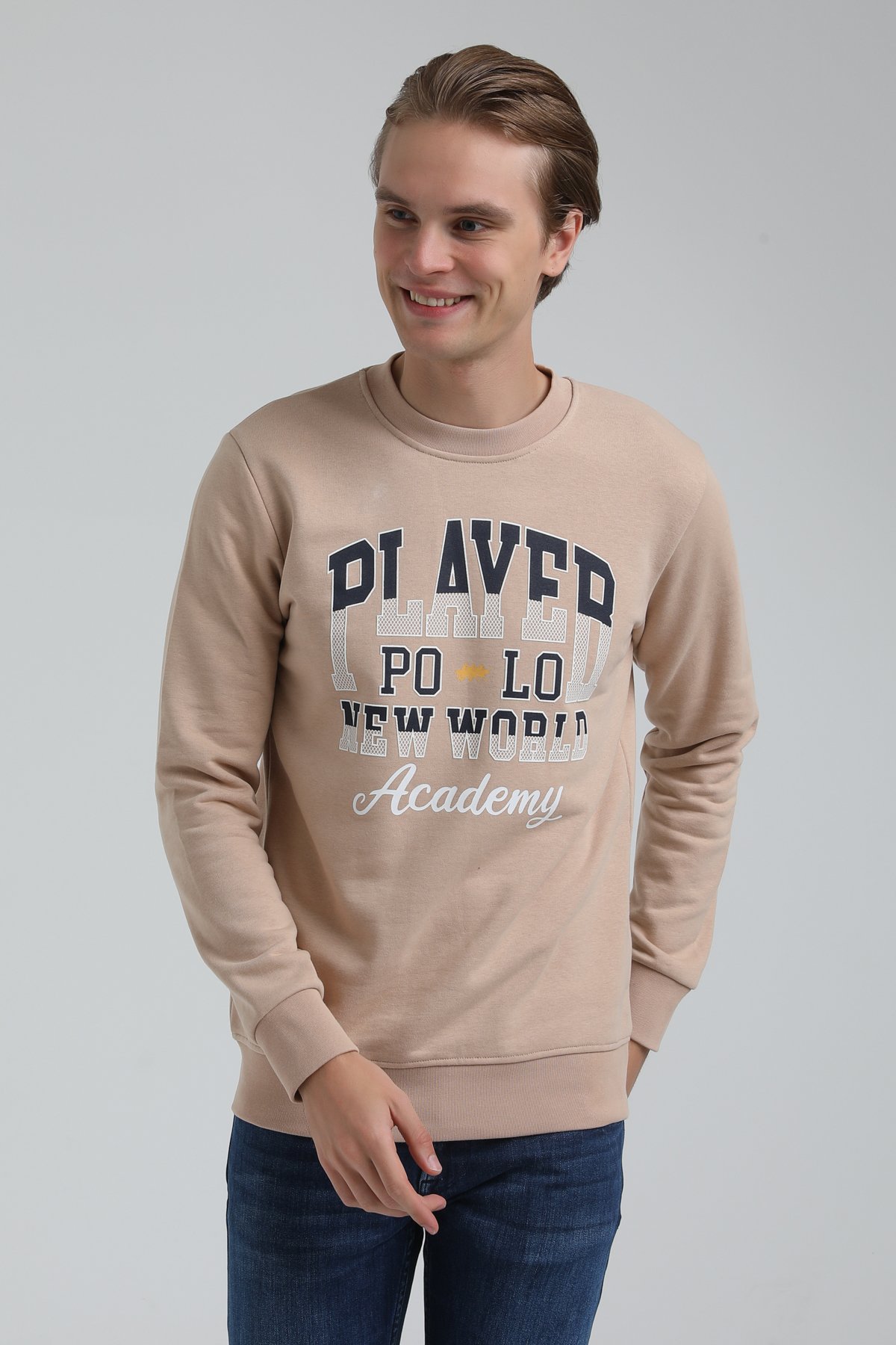 New World Polo Bisiklet Yaka Bej Regular Sweatshirt 22FWM60137