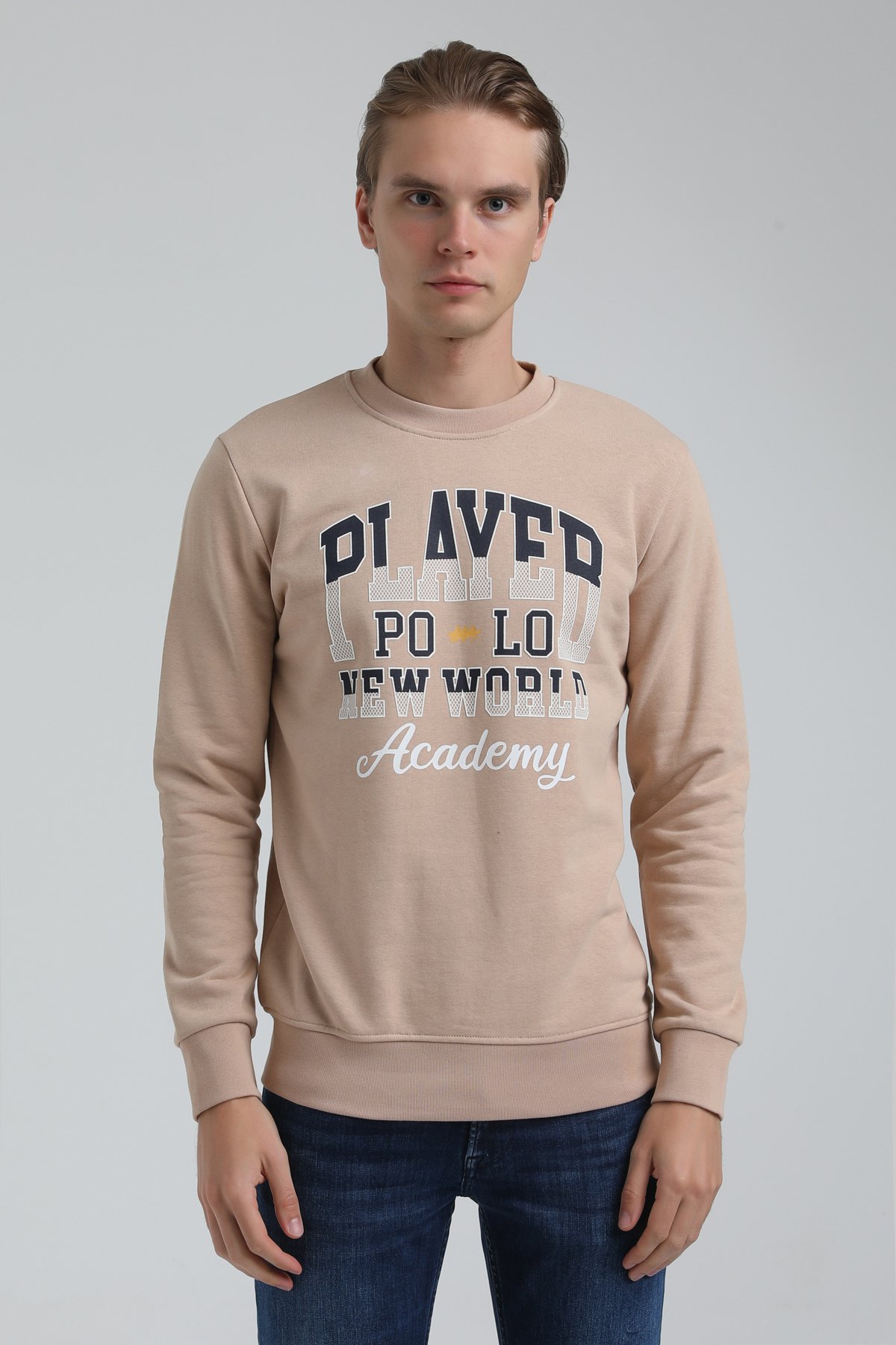 New World Polo Bisiklet Yaka Bej Regular Sweatshirt 22FWM60137