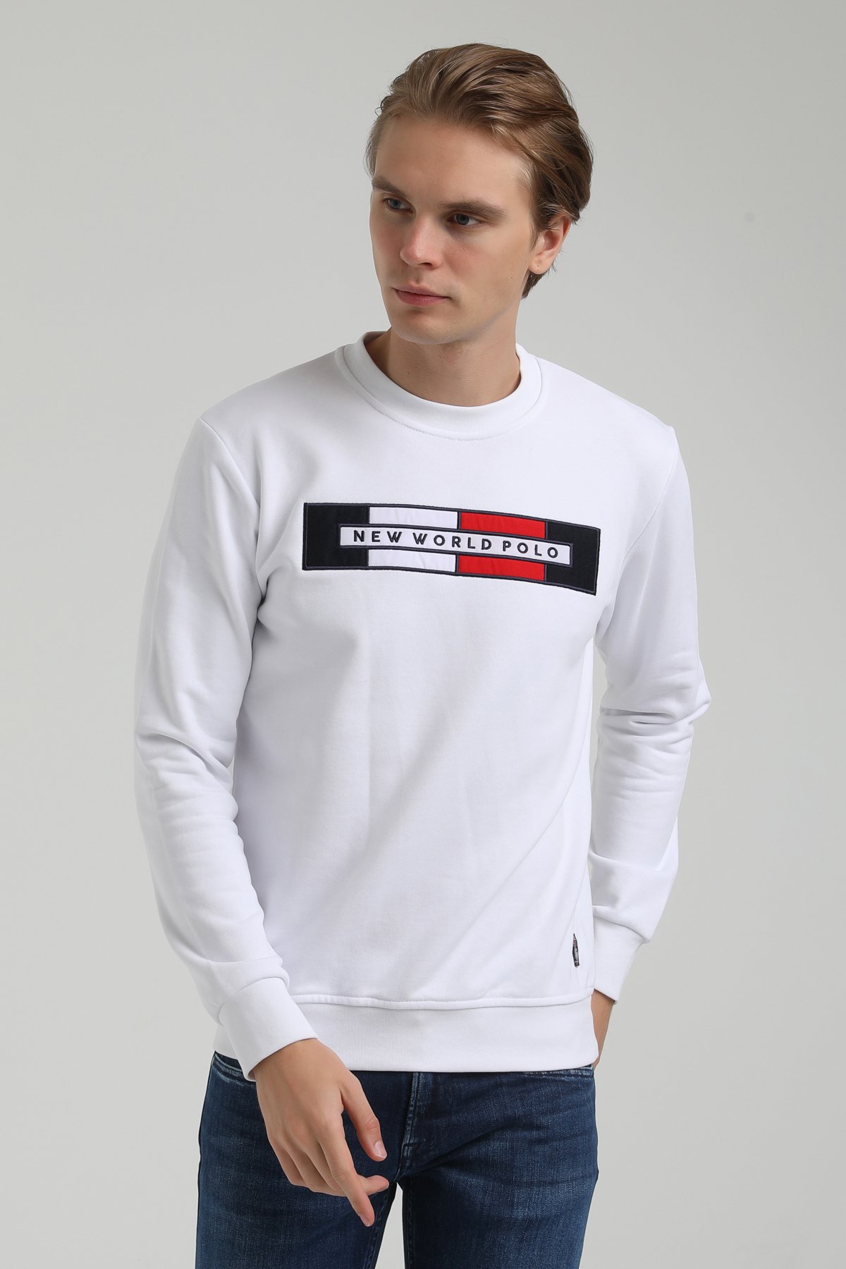 New World Polo Bisiklet Yaka Beyaz Regular Sweatshirt 22FWM60124
