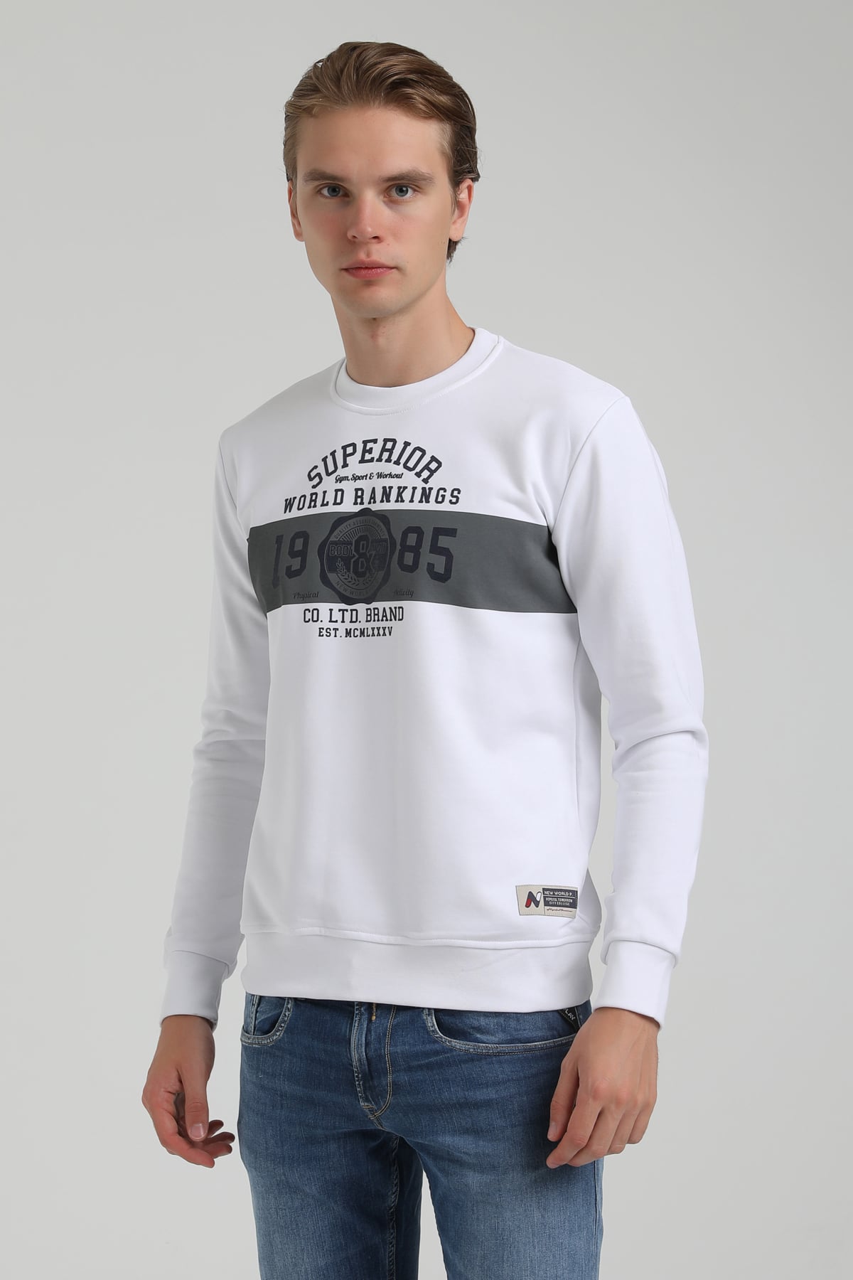 New World Polo Bisiklet Yaka Beyaz Regular Sweatshirt 22FWM60134