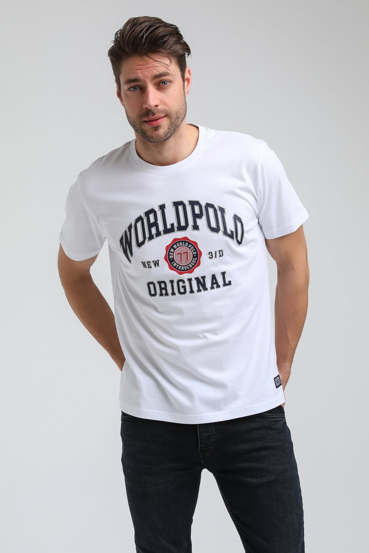 New World Polo Bisiklet Yaka Beyaz Regular Custom Tişört 23SSM20306