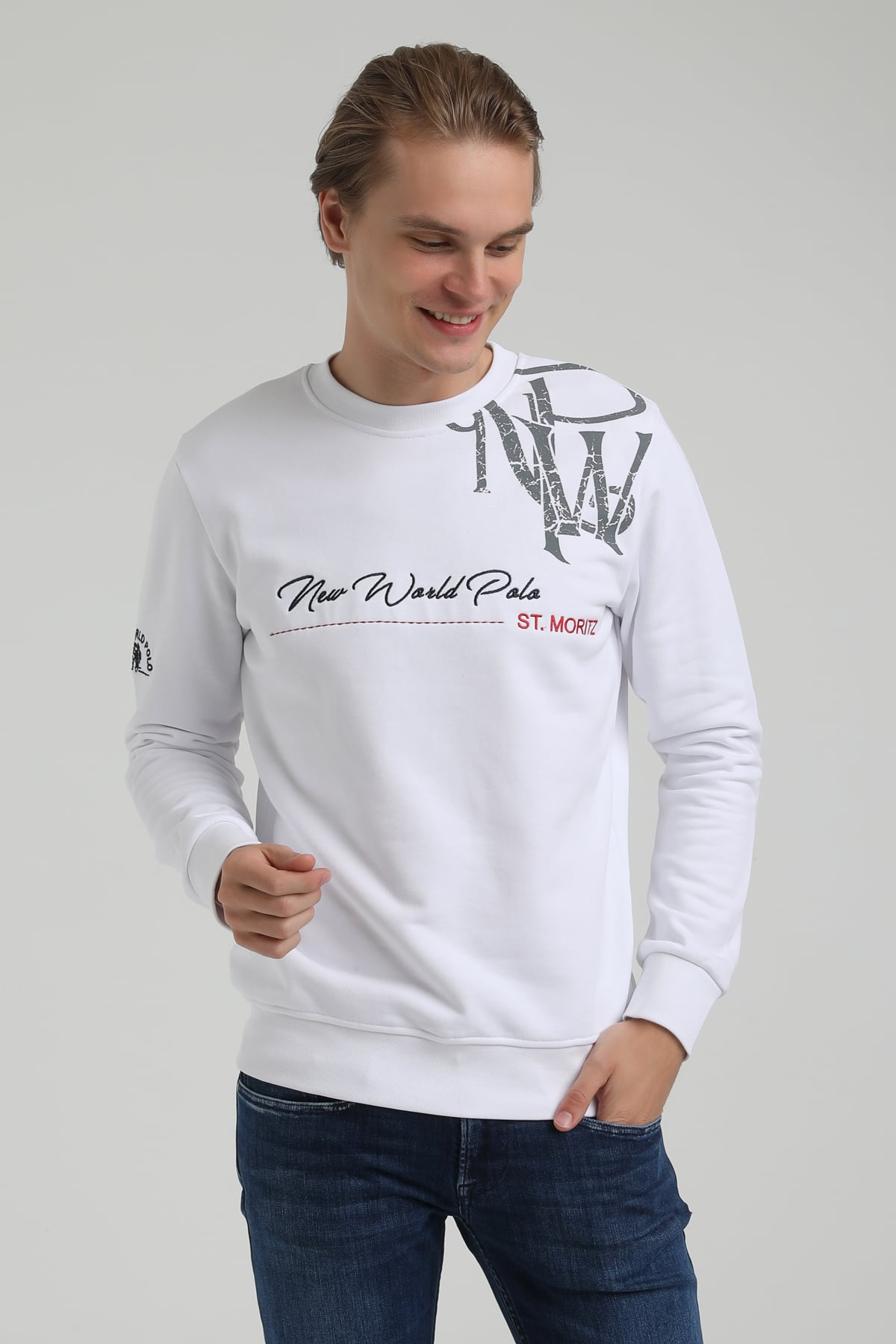 New World Polo Bisiklet Yaka Beyaz Regular Sweatshirt 22FWM60139