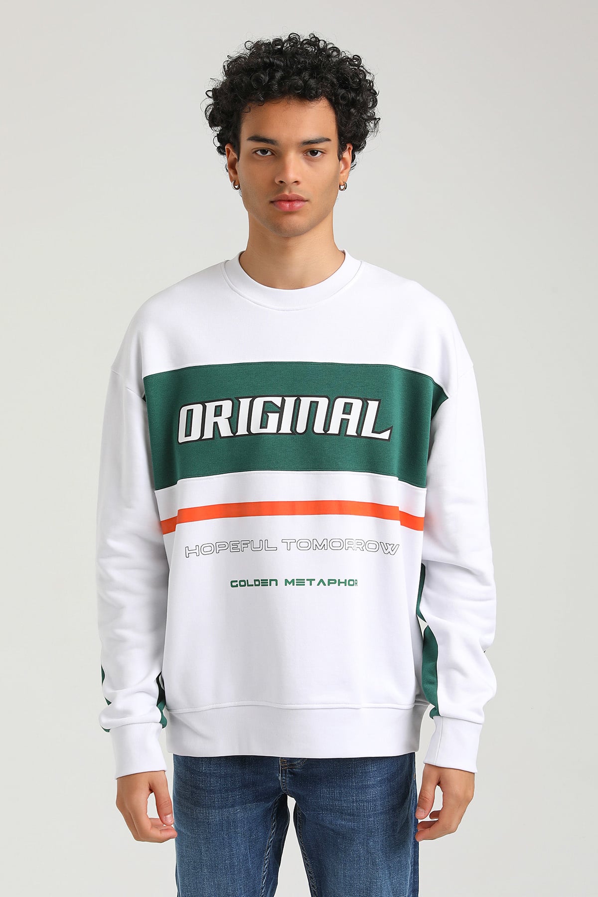New World Polo Bisiklet Yaka Beyaz Slim Fit Sweatshirt 23FWM60162