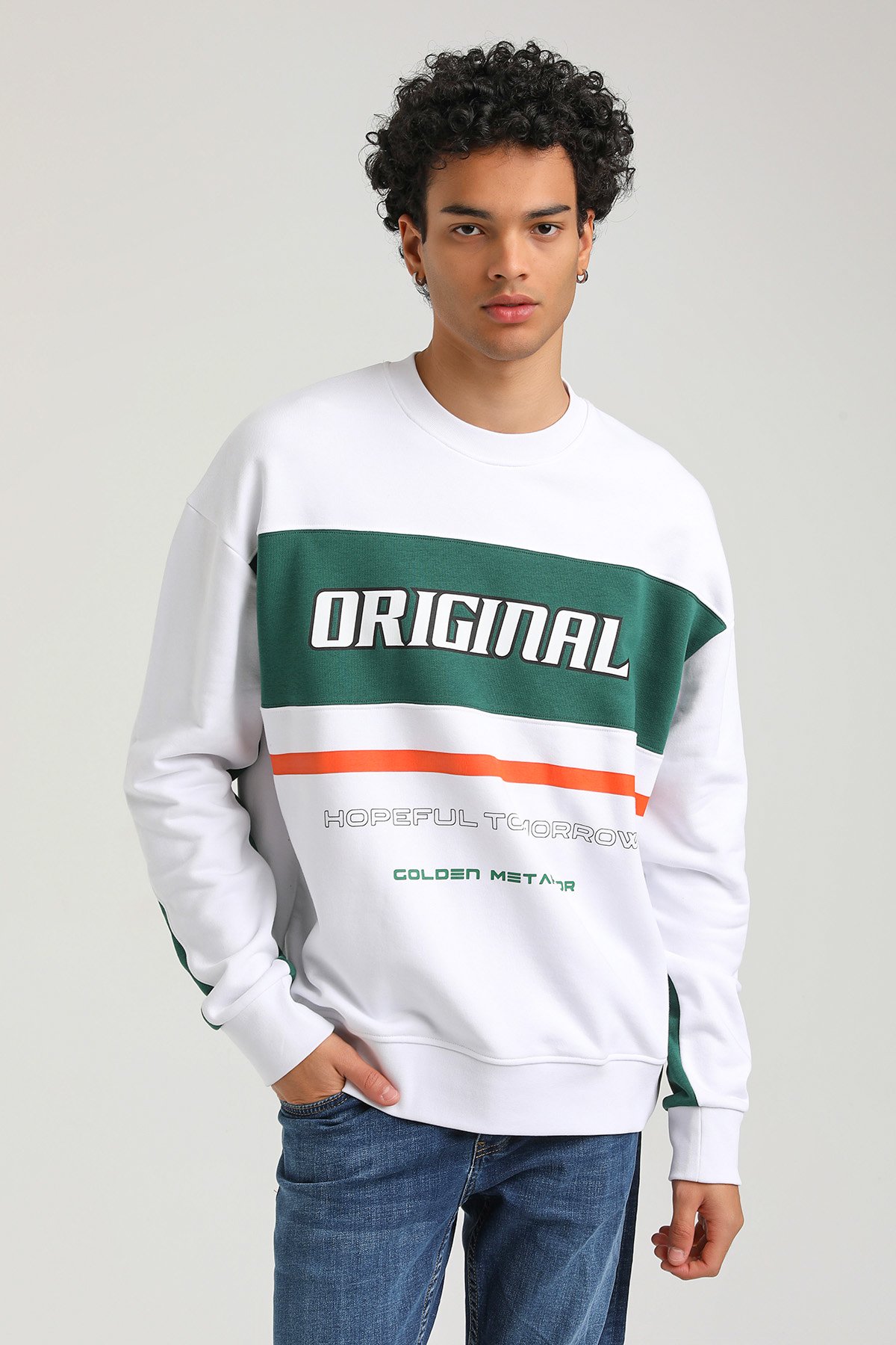 New World Polo Bisiklet Yaka Beyaz Slim Fit Sweatshirt 23FWM60162
