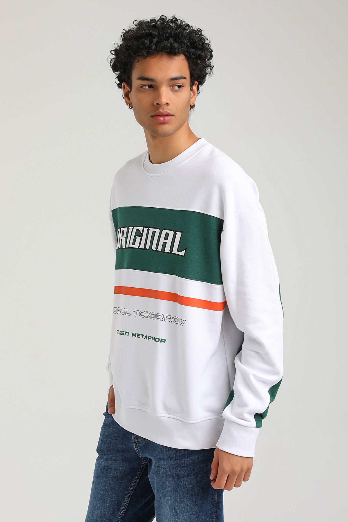New World Polo Bisiklet Yaka Beyaz Slim Fit Sweatshirt 23FWM60162