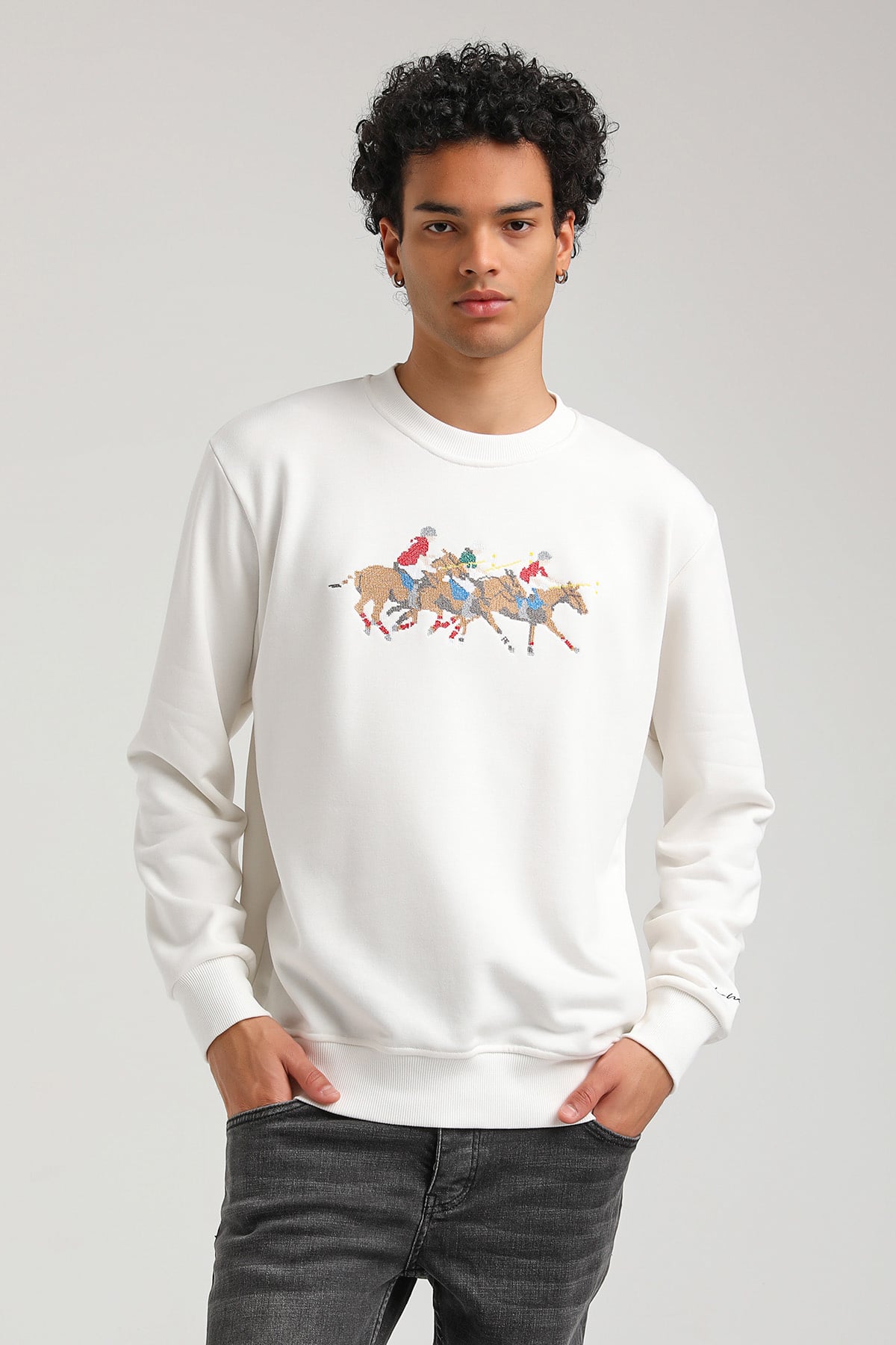 New World Polo Bisiklet Yaka Ekru Regular Custom Sweatshirt 23FWM60144
