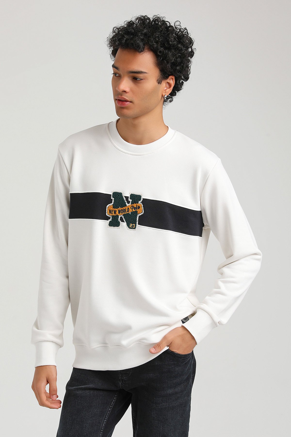 New World Polo Bisiklet Yaka Ekru Slim Fit Sweatshirt 23FWM60156
