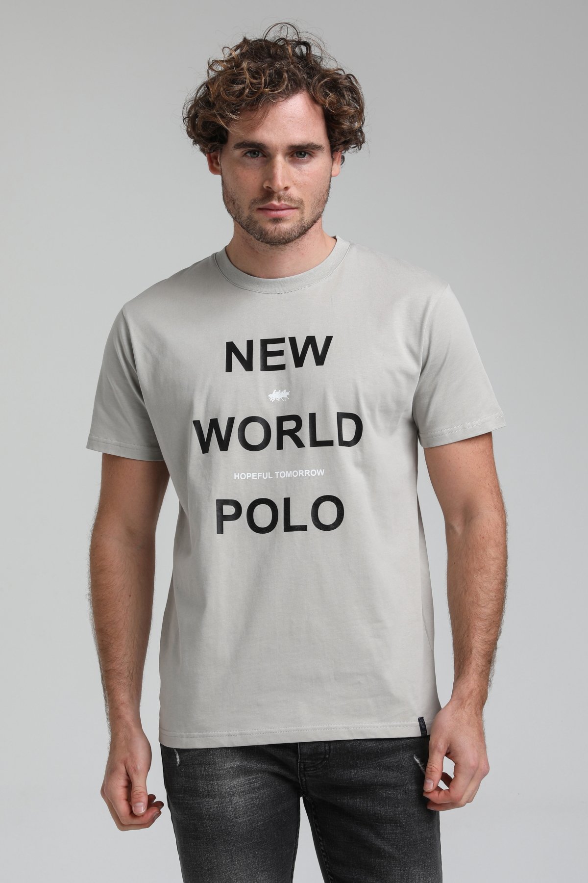 New World Polo Bisiklet Yaka Gri Boyalı Slim Fit Tişört 23SSM20298