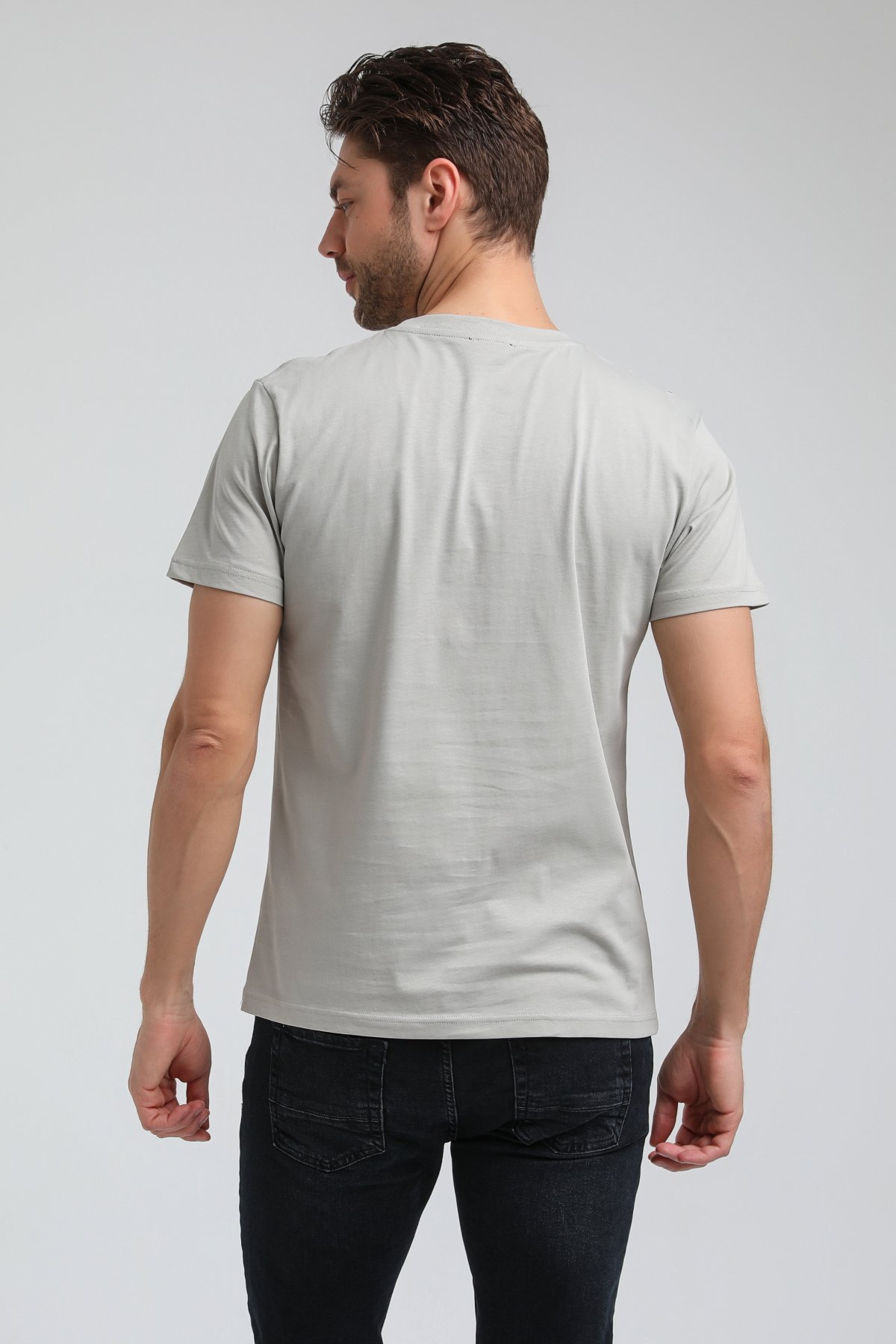 New World Polo Bisiklet Yaka Gri Boyalı Regular Custom Tişört 23SSM20305