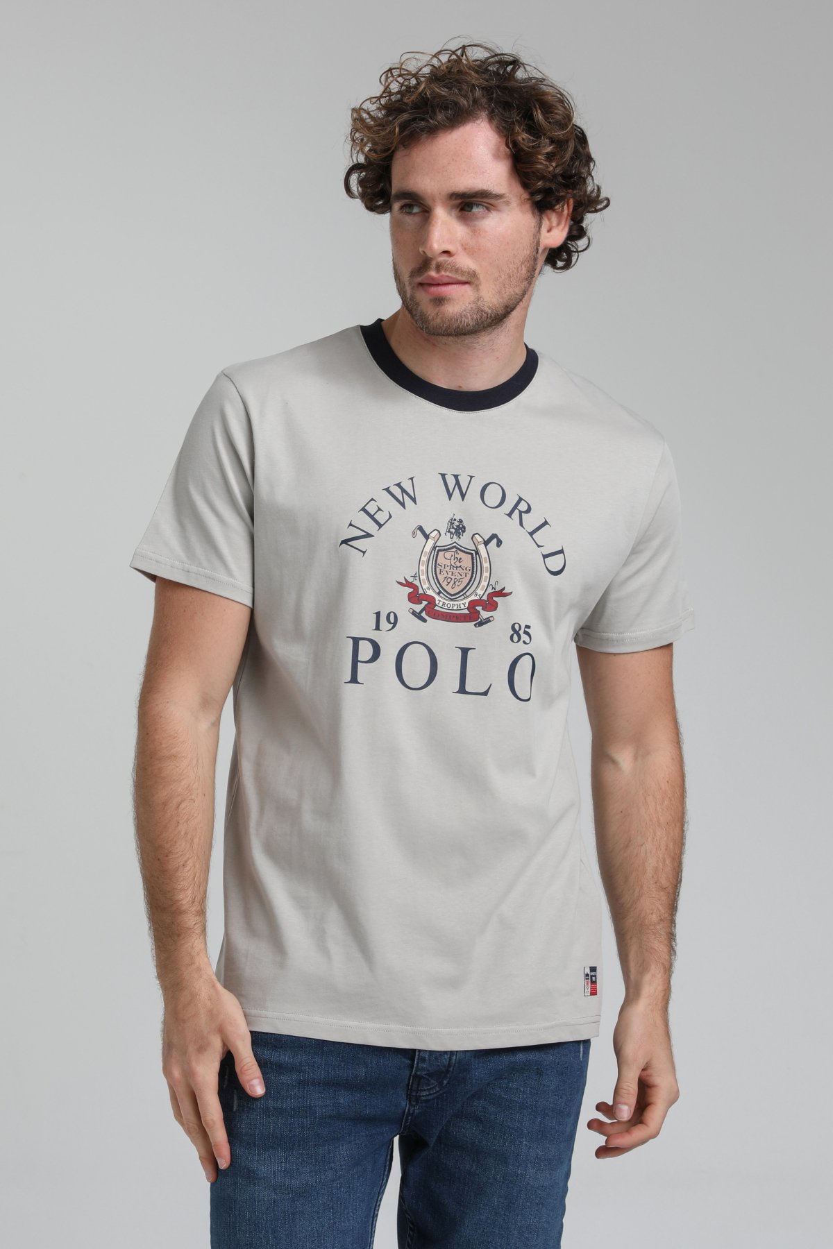 New World Polo Bisiklet Yaka Gri Boyalı Regular Custom Tişört 23SSM20309