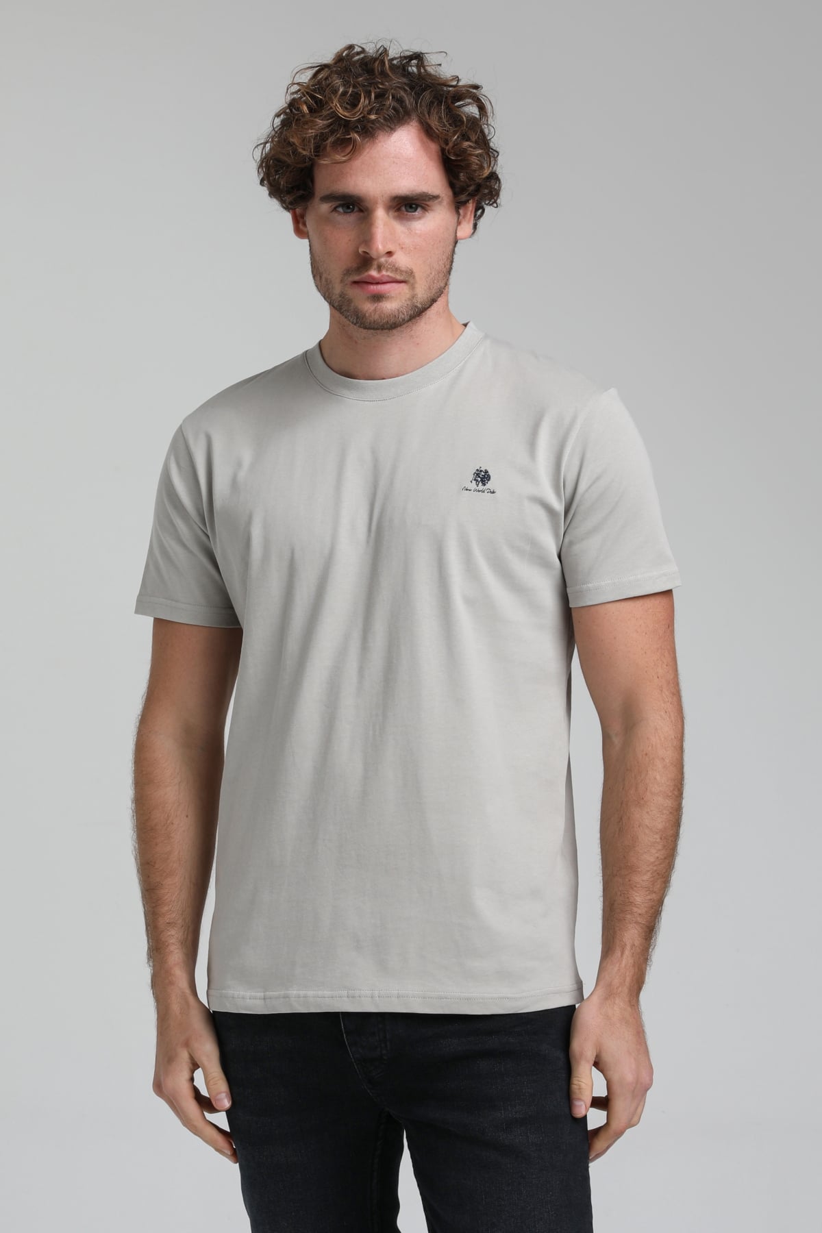 New World Polo Bisiklet Yaka Gri Boyalı Regular Custom Tişört 23SSM20311