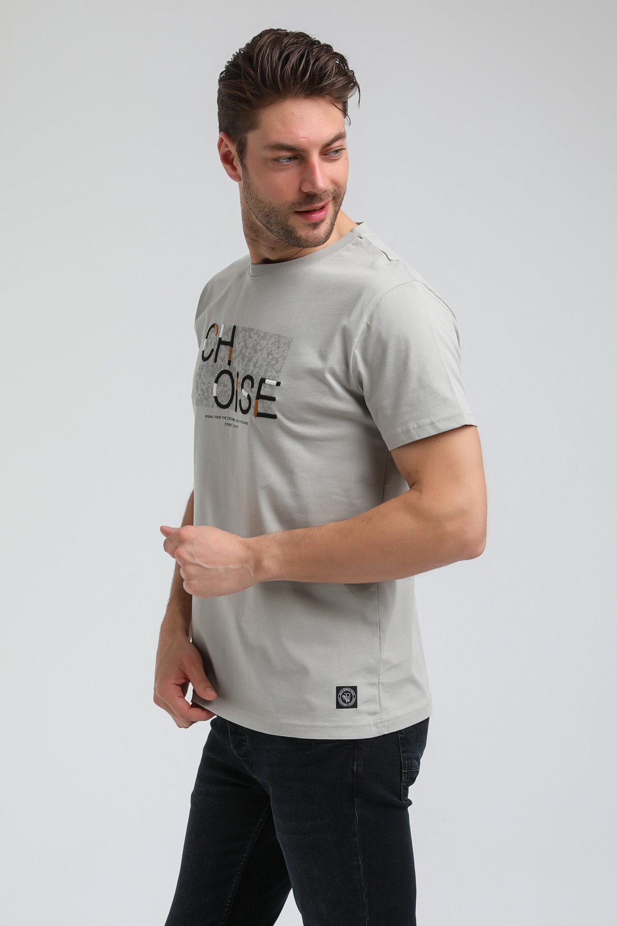 New World Polo Bisiklet Yaka Gri Boyalı Regular Custom Tişört 23SSM20305