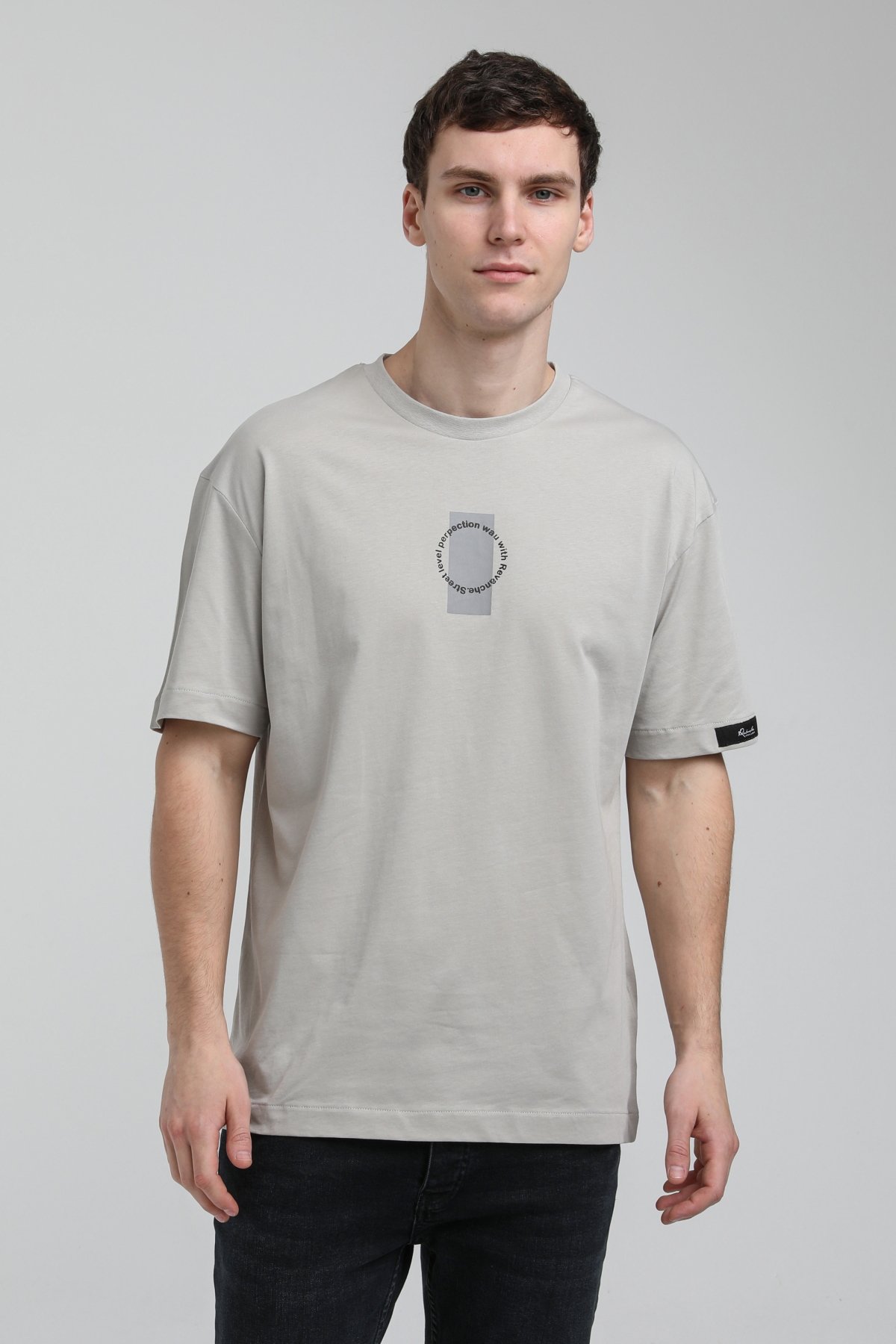 New World Polo Bisiklet Yaka Gri Boyalı Oversize Tişört 23SSM20331