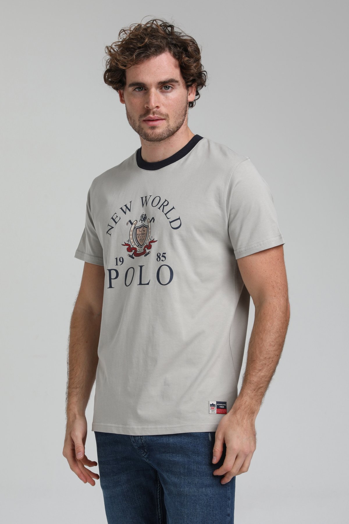New World Polo Bisiklet Yaka Gri Boyalı Regular Custom Tişört 23SSM20309