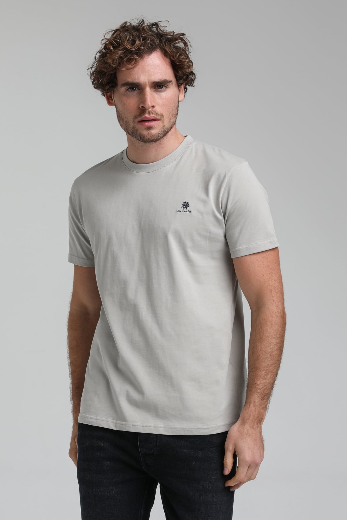 New World Polo Bisiklet Yaka Gri Boyalı Regular Custom Tişört 23SSM20311