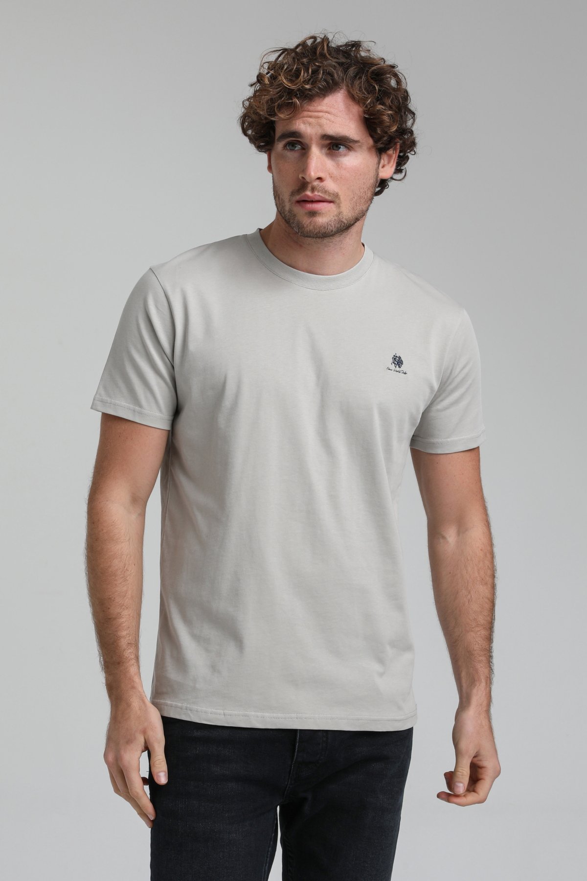 New World Polo Bisiklet Yaka Gri Boyalı Regular Custom Tişört 23SSM20311