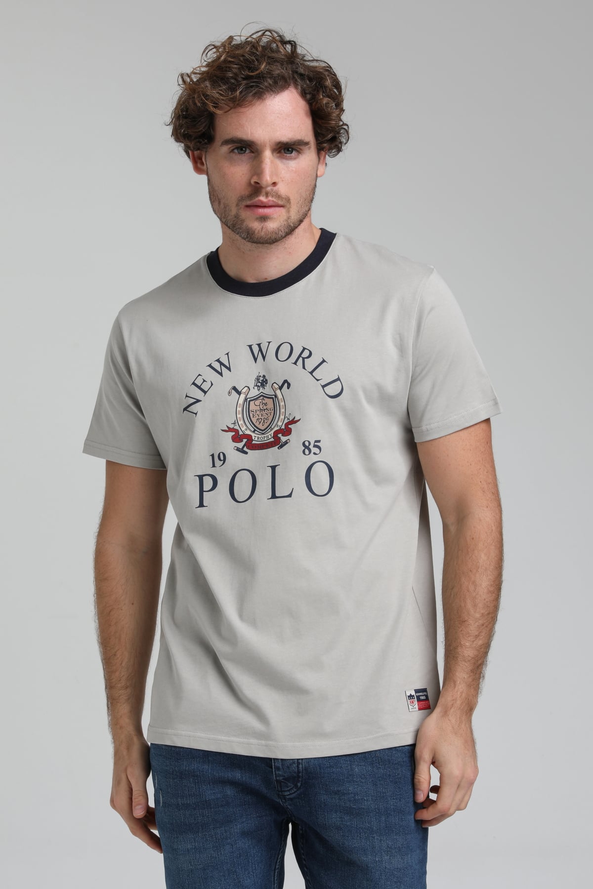 New World Polo Bisiklet Yaka Gri Boyalı Regular Custom Tişört 23SSM20309