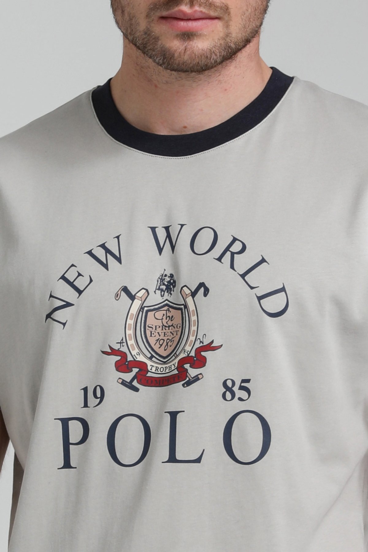 New World Polo Bisiklet Yaka Gri Boyalı Regular Custom Tişört 23SSM20309