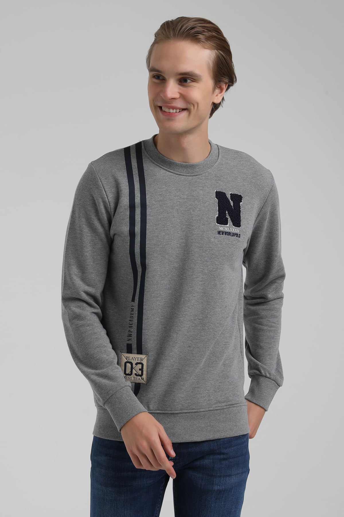 New World Polo Bisiklet Yaka Gri Regular Sweatshirt 22FWM60140