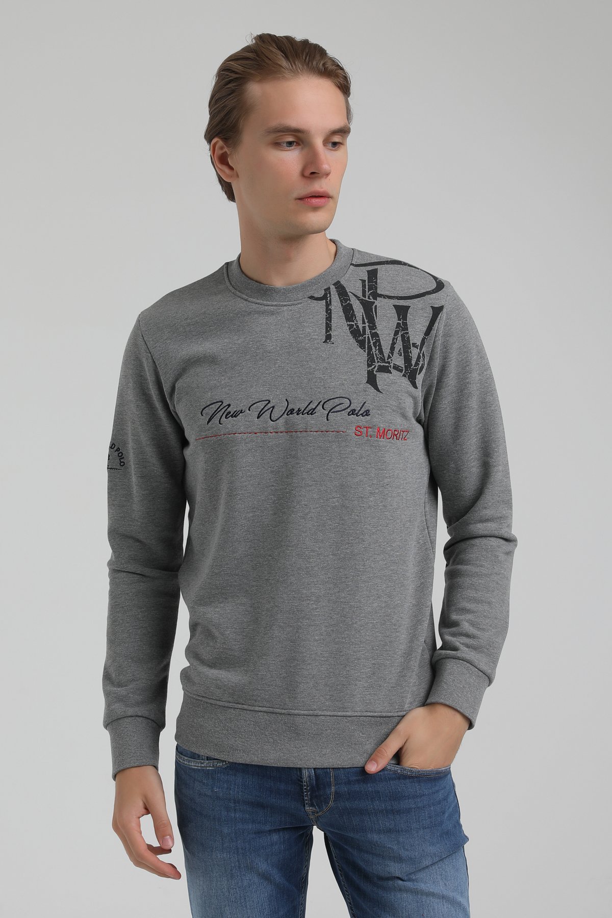 New World Polo Bisiklet Yaka Gri Regular Sweatshirt 22FWM60139