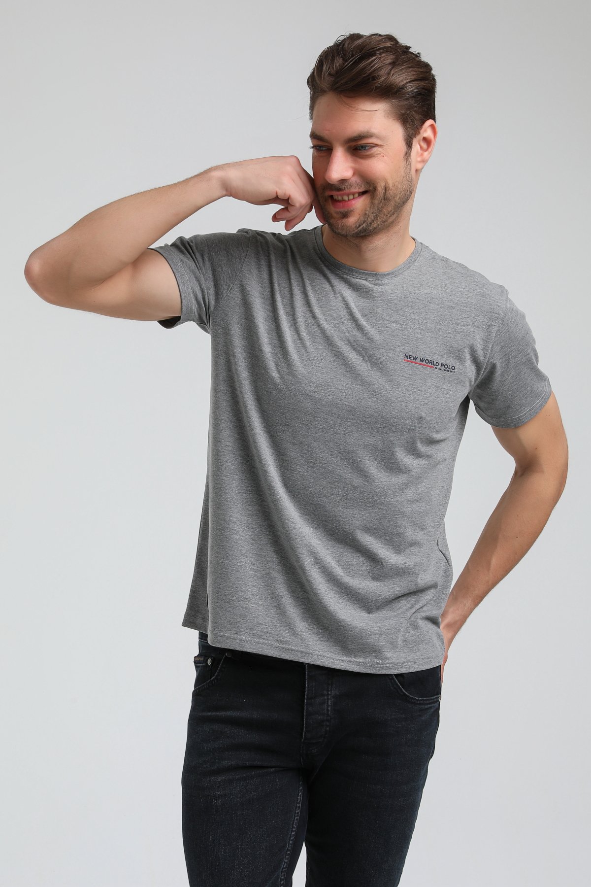 New World Polo Bisiklet Yaka Gri Regular Custom Tişört 23SSM20353