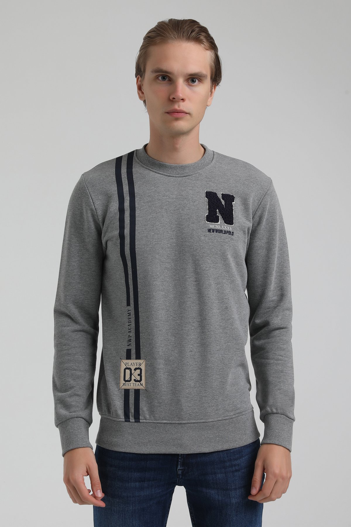 New World Polo Bisiklet Yaka Gri Regular Sweatshirt 22FWM60140