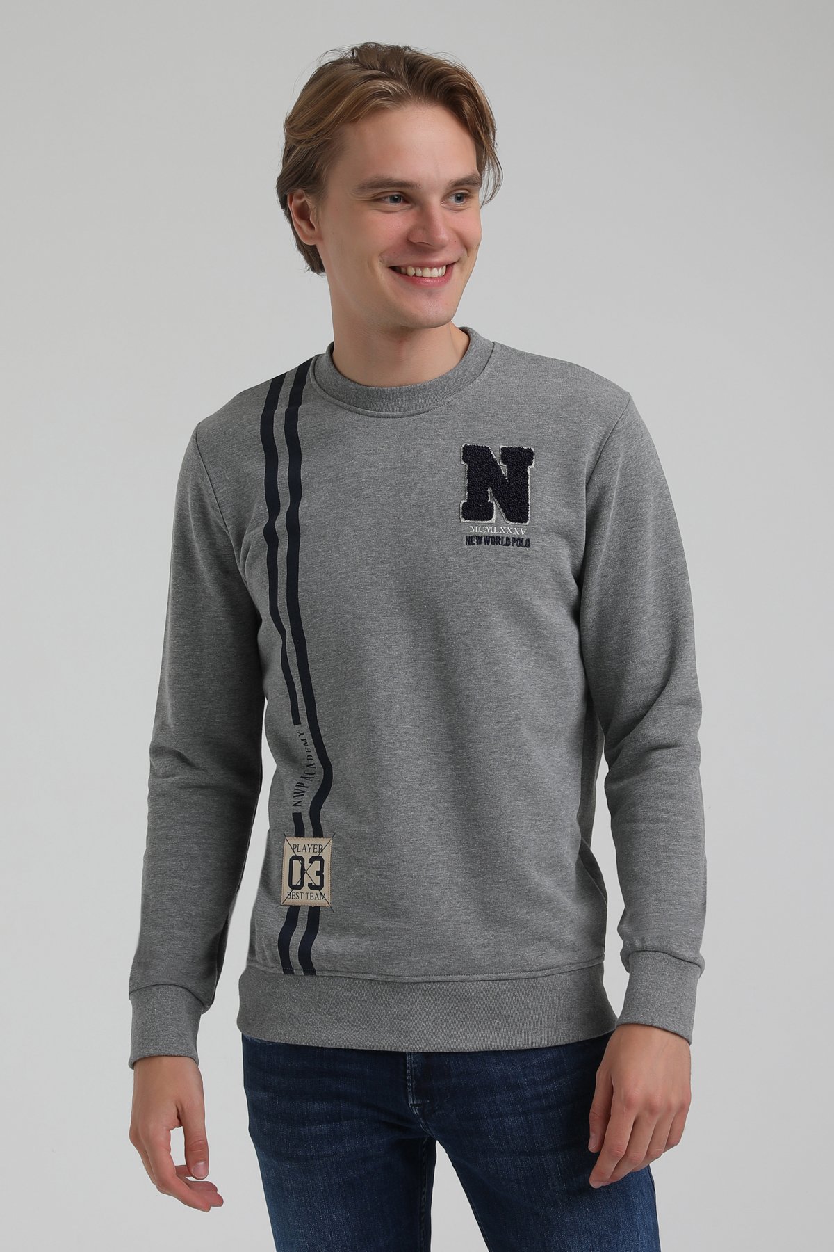 New World Polo Bisiklet Yaka Gri Regular Sweatshirt 22FWM60140