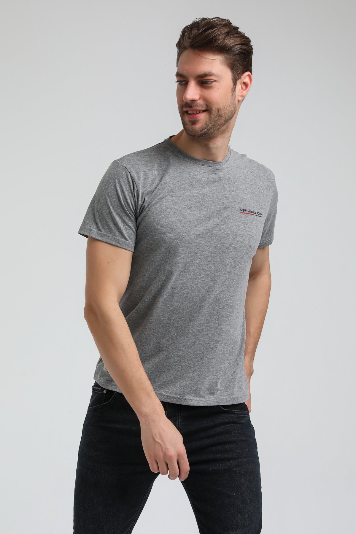 New World Polo Bisiklet Yaka Gri Regular Custom Tişört 23SSM20353