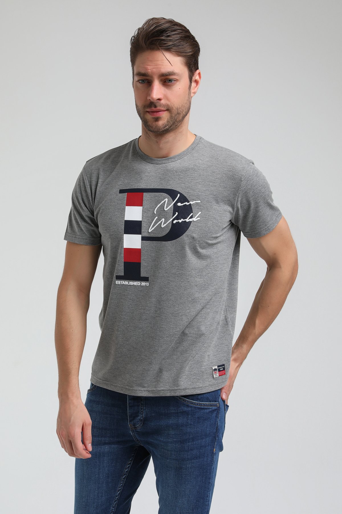 New World Polo Bisiklet Yaka Gri Regular Custom Tişört 23SSM20352