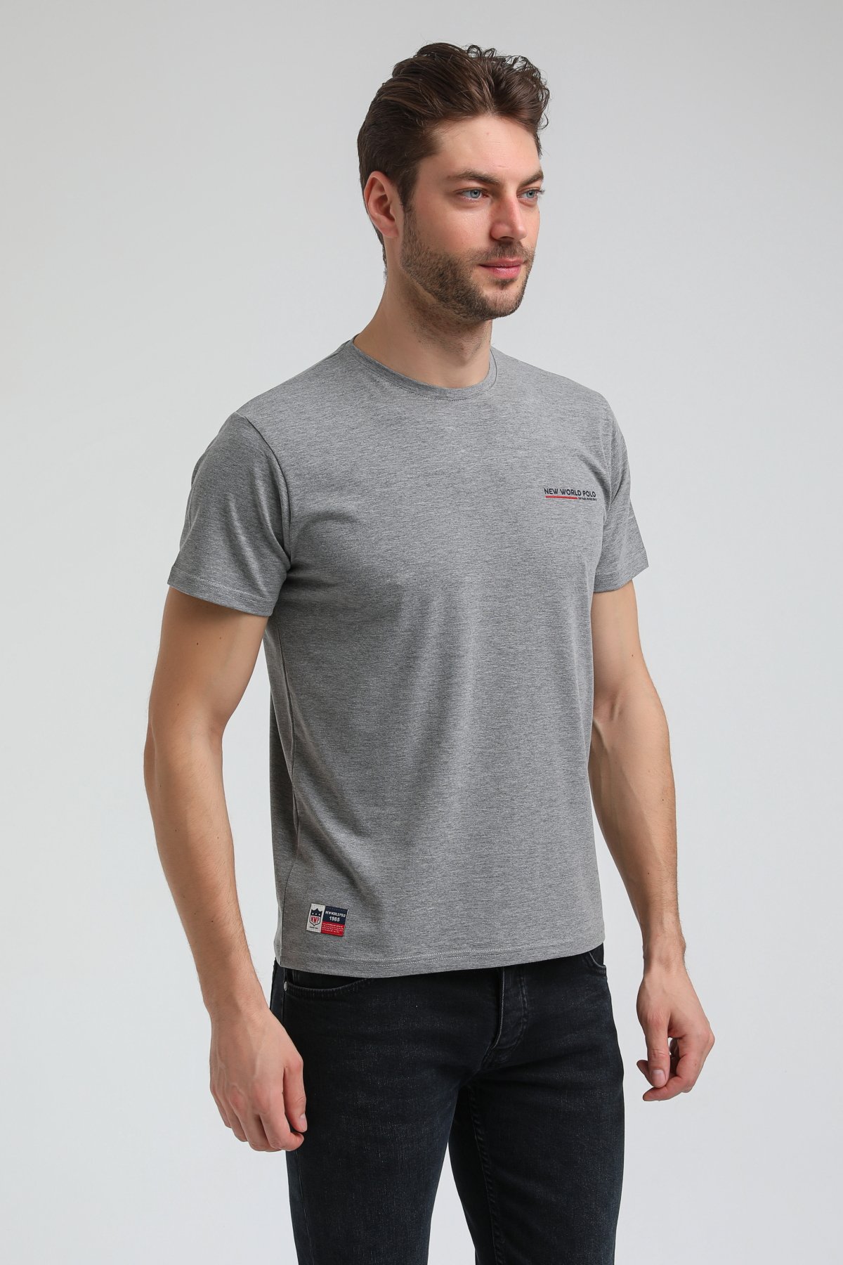 New World Polo Bisiklet Yaka Gri Regular Custom Tişört 23SSM20353