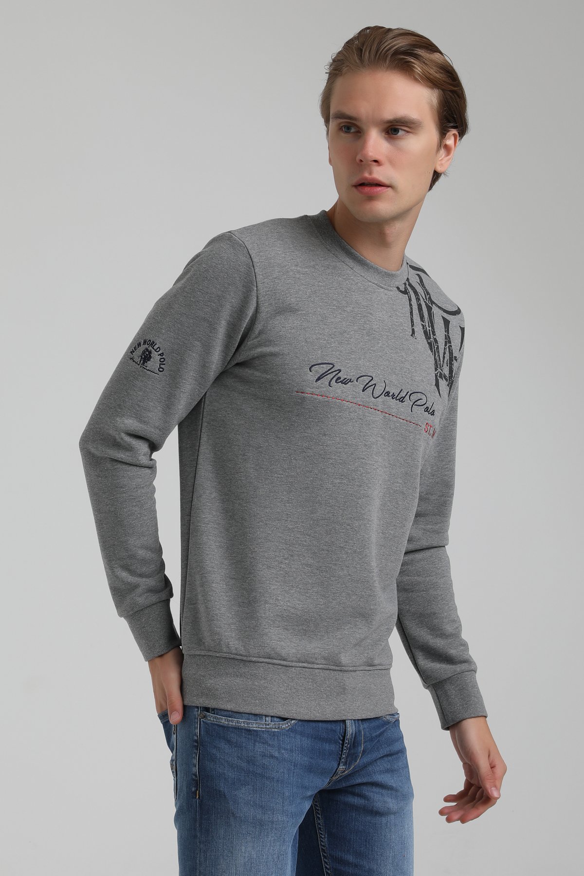New World Polo Bisiklet Yaka Gri Regular Sweatshirt 22FWM60139